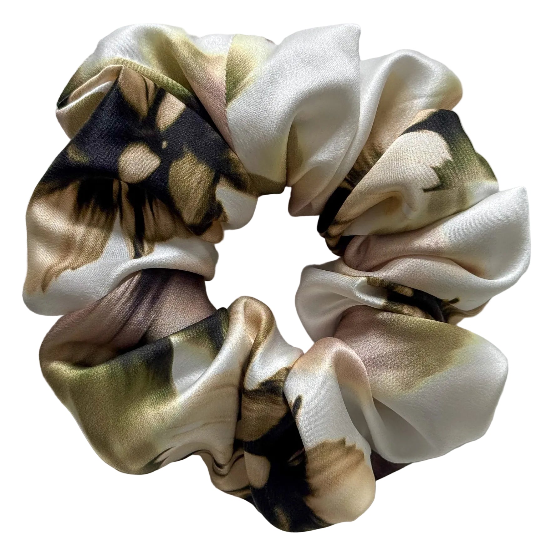 Floral scrunchie in neutral colours on a light gray background