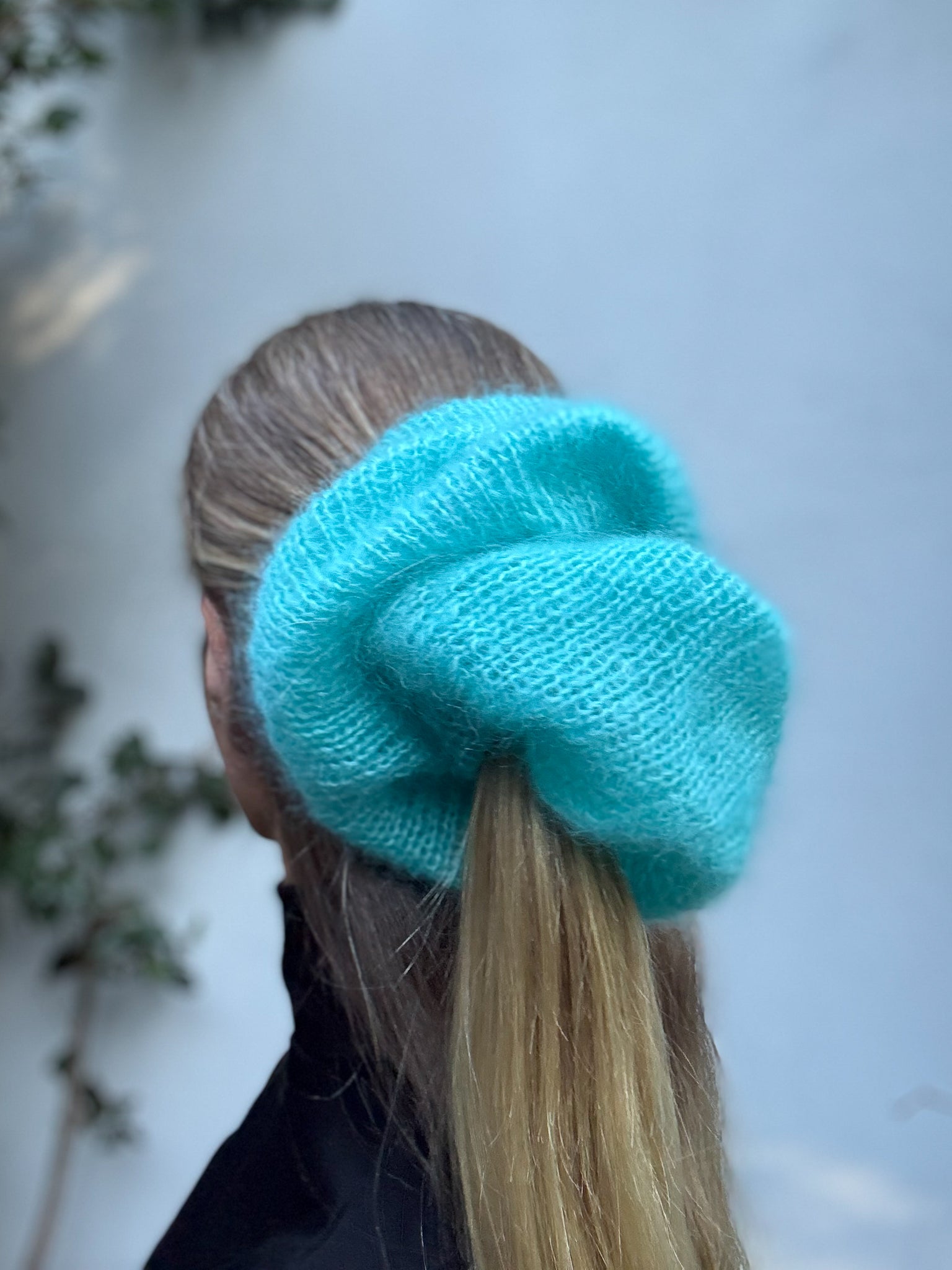 Oversized XL hand knitted silk mohair scrunchie in bright blue — close-up in ponytail, handmade in Australia | RedEco Studio