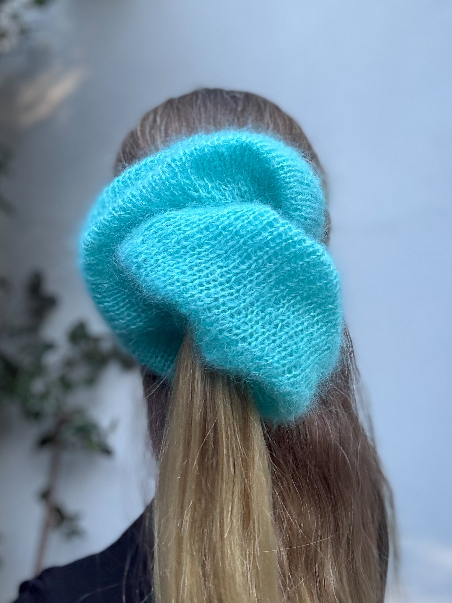 Oversized XL hand knitted silk mohair scrunchie in bright blue worn in half-up style — handmade in Australia | RedEco Studio