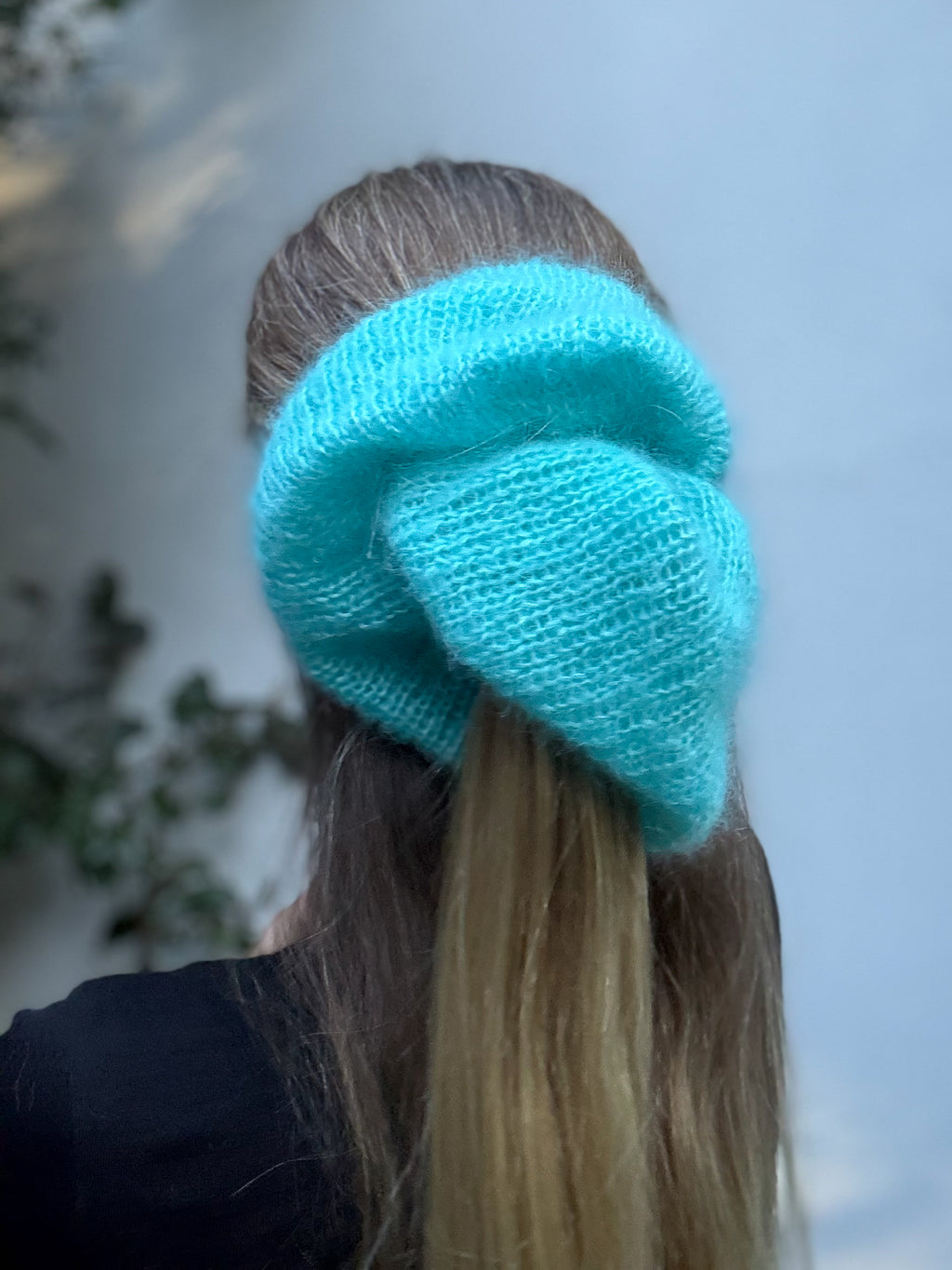 Oversized XL hand knitted silk mohair scrunchie in bright blue worn underneath ponytail — handmade in Australia | RedEco Studio
