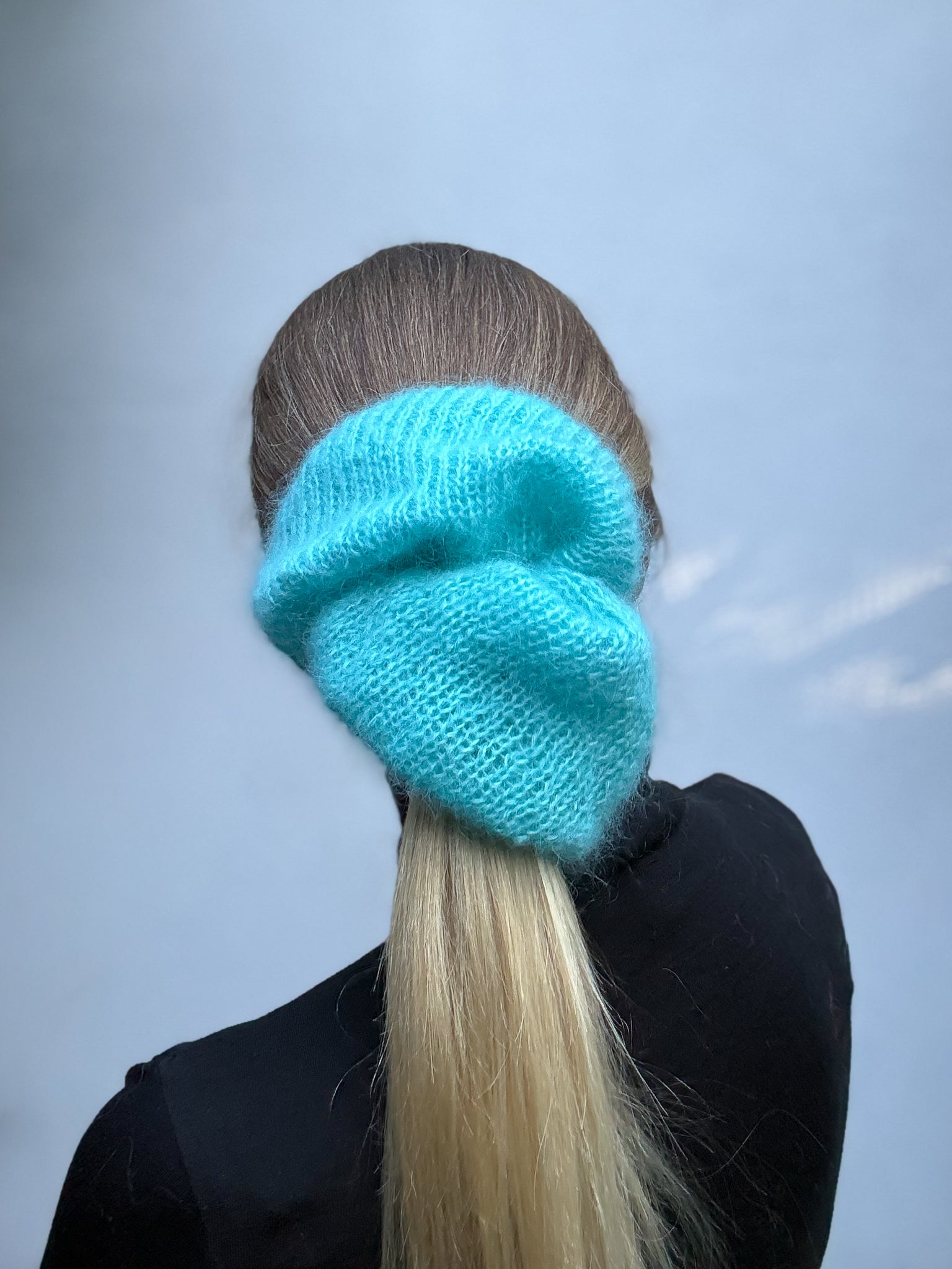 Oversized XL hand knitted silk mohair scrunchie in bright blue worn in ponytail — handmade in Australia | RedEco Studio
