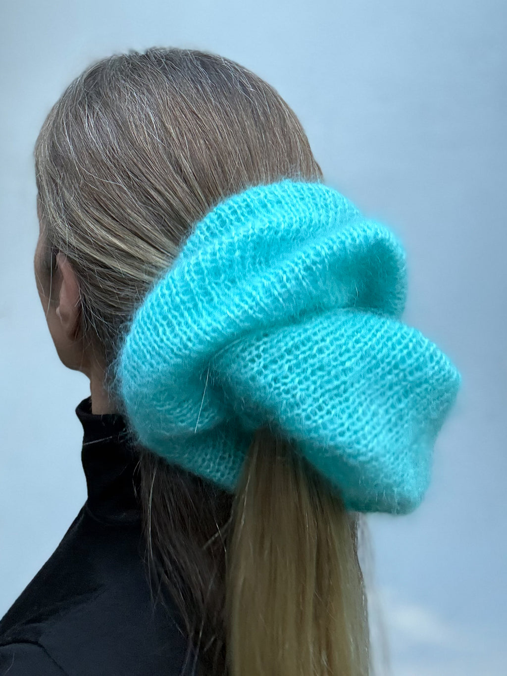 Oversized XL hand knitted silk mohair scrunchie in bright blue worn in high ponytail — handmade in Australia | RedEco Studio