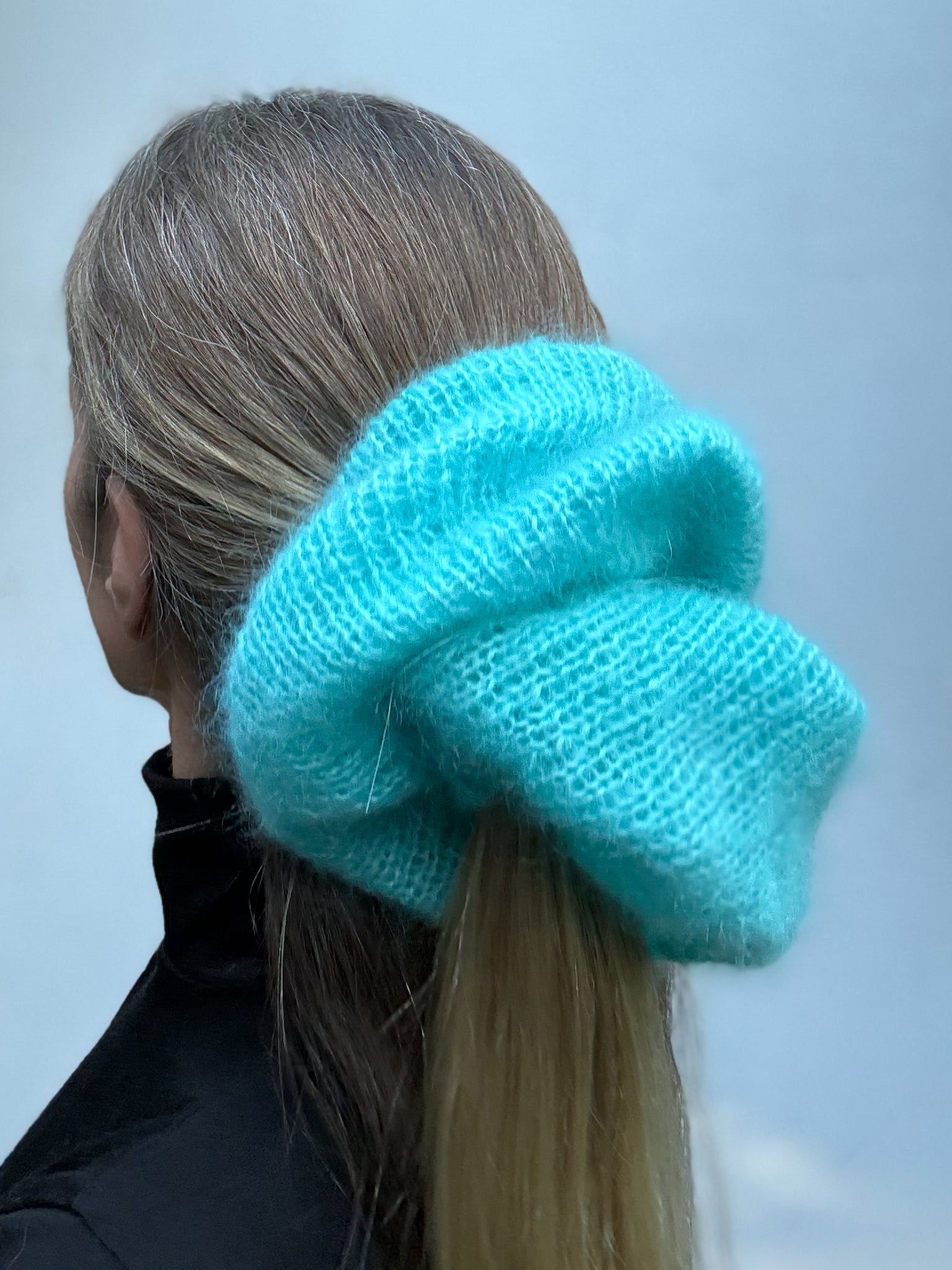 Oversized XL hand knitted silk mohair scrunchie in bright blue worn in high ponytail — handmade in Australia | RedEco Studio