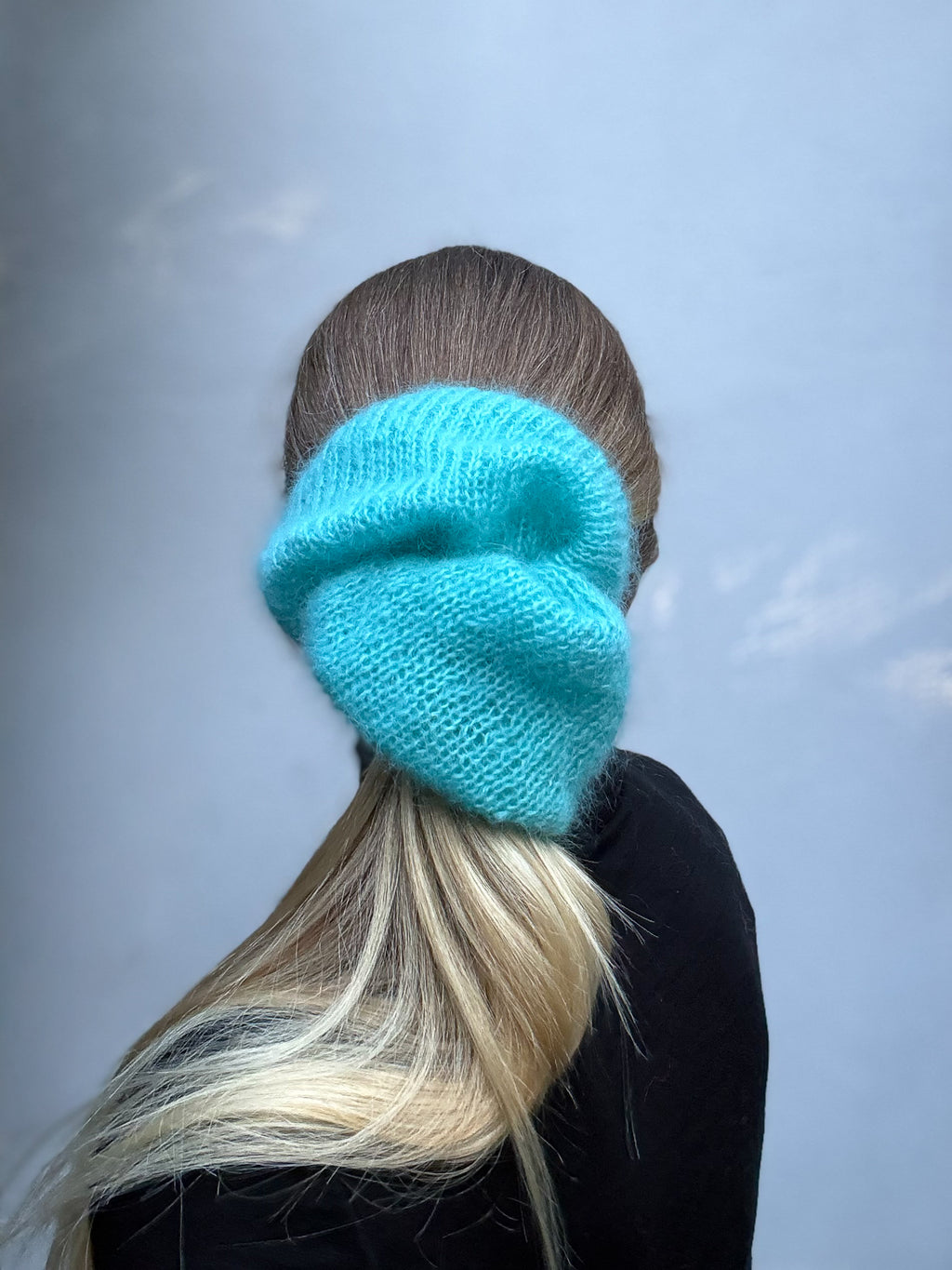Oversized XL hand knitted silk mohair scrunchie in bright blue worn in low ponytail — handmade in Australia | RedEco Studio