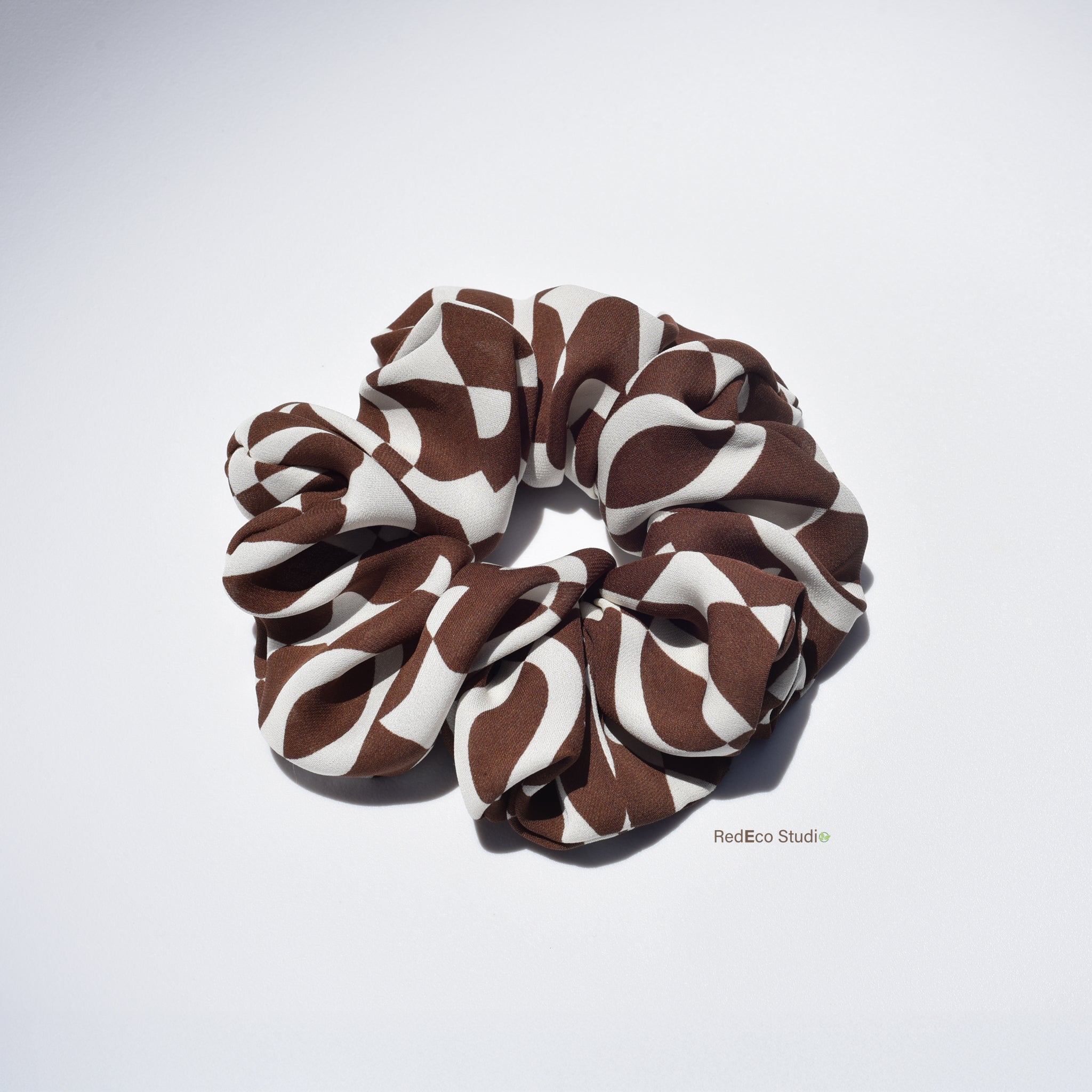 Oversized 100% Silk Scrunchie - Brown and Cream Abstract Pattern