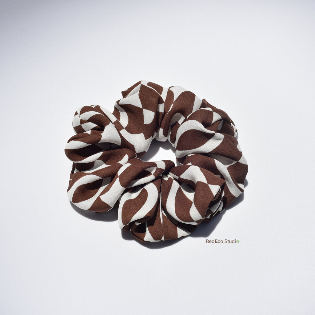 Oversized 100% Silk Scrunchie - Brown and Cream Abstract Pattern