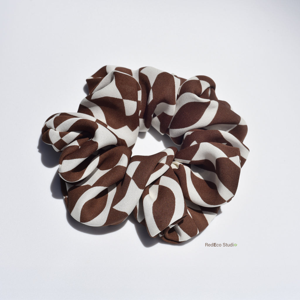 Oversized 100% Silk Scrunchie - Brown and Cream Abstract Pattern