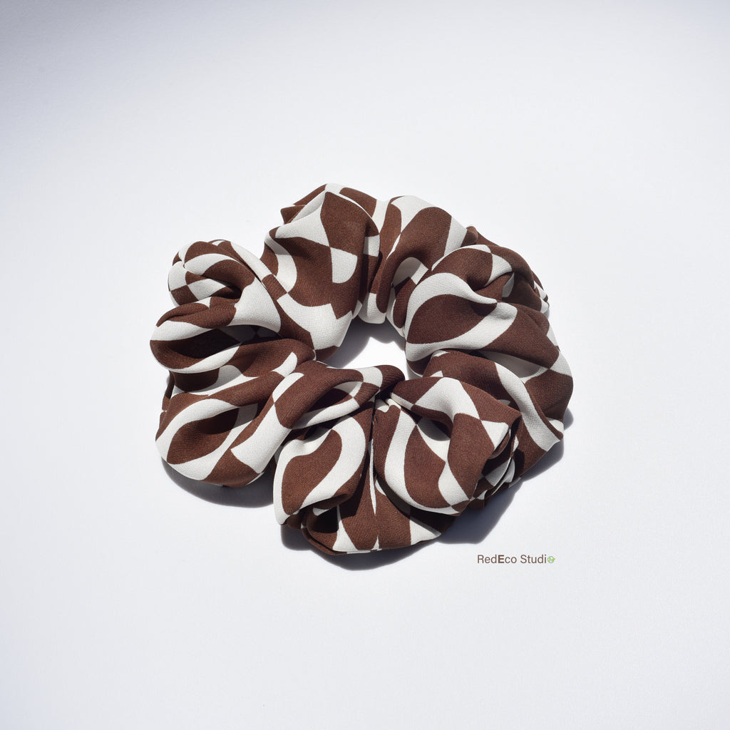 Oversized 100% Silk Scrunchie - Brown and Cream Abstract Pattern