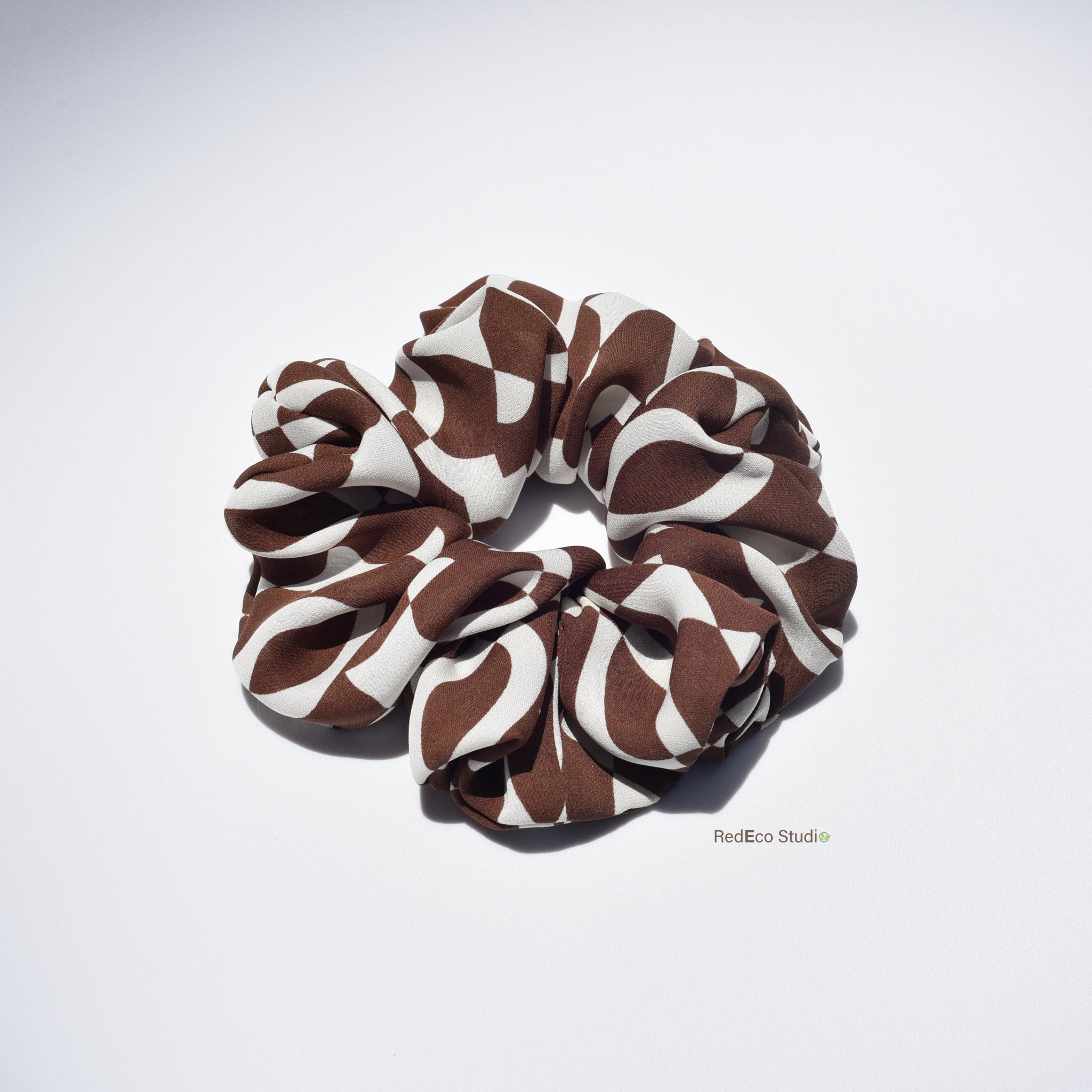 Oversized 100% Silk Scrunchie - Brown and Cream Abstract Pattern
