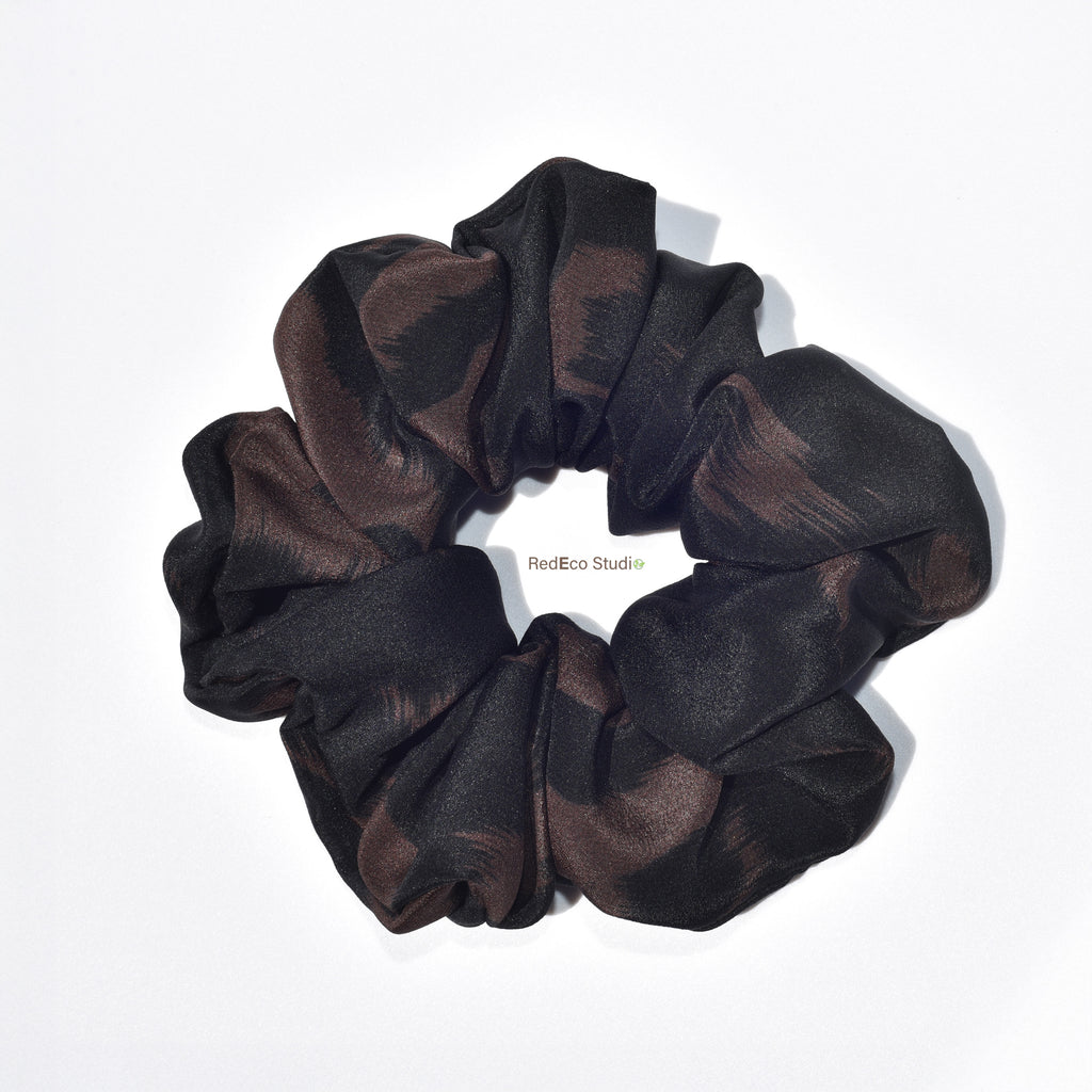 Oversized 100% Silk Scrunchie - Brown and Black Abstract Print