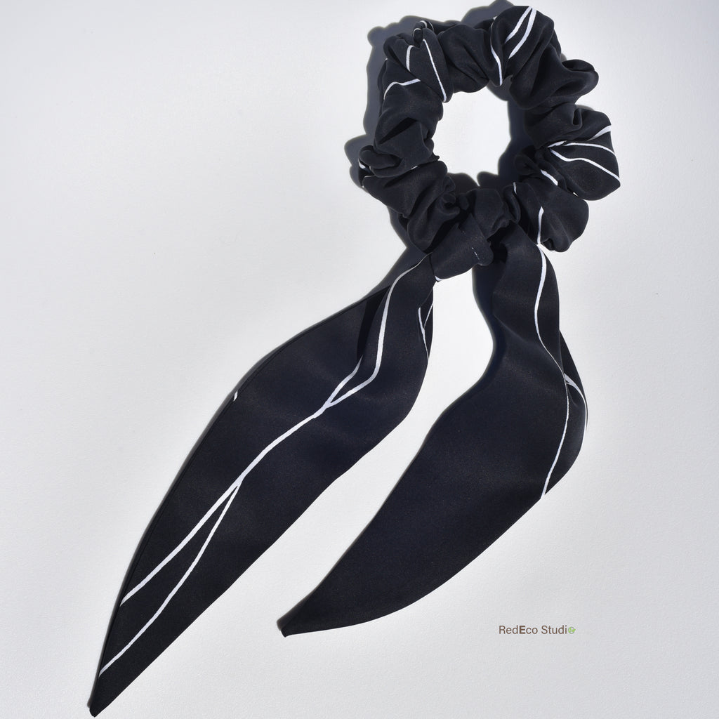 Classic 100% Silk Long Tail Scrunchie - White lines on a black base