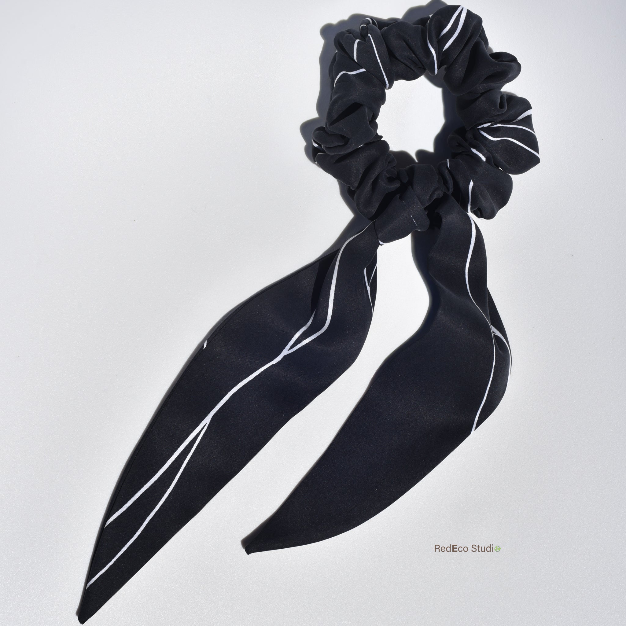 Classic 100% Silk Long Tail Scrunchie - White lines on a black base