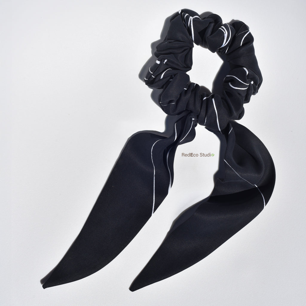 Classic 100% Silk Long Tail Scrunchie - White lines on a black base