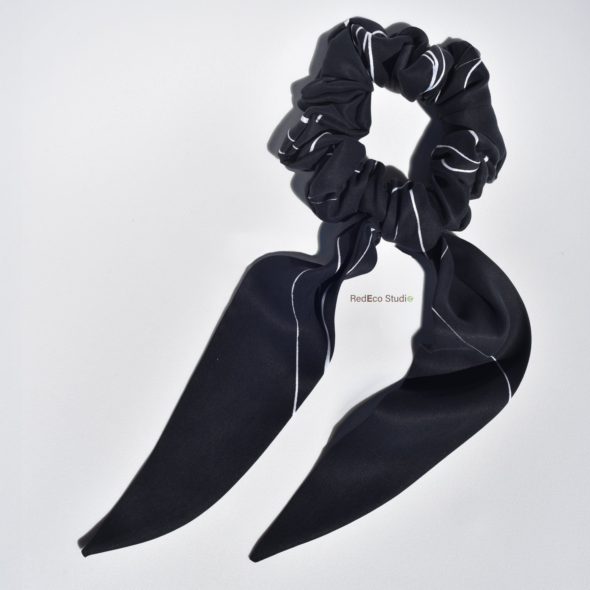 Classic 100% Silk Long Tail Scrunchie - White lines on a black base