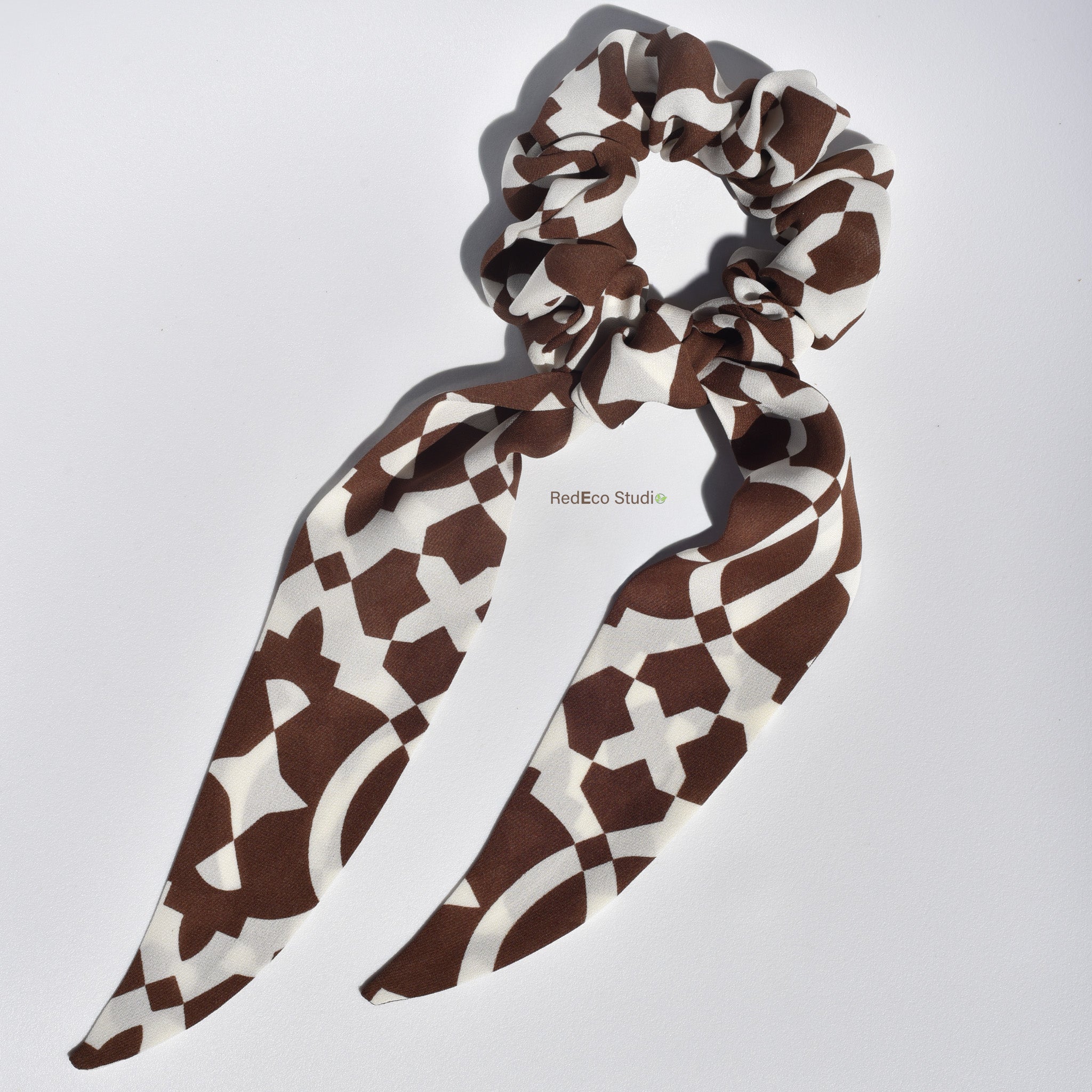 Classic 100% Silk Long Tail Scrunchie - Brown and Cream Abstract Pattern
