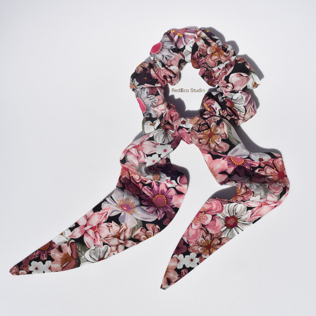 Classic 100% Silk Long Tail Scrunchie - Pink Floral Print on a black base
