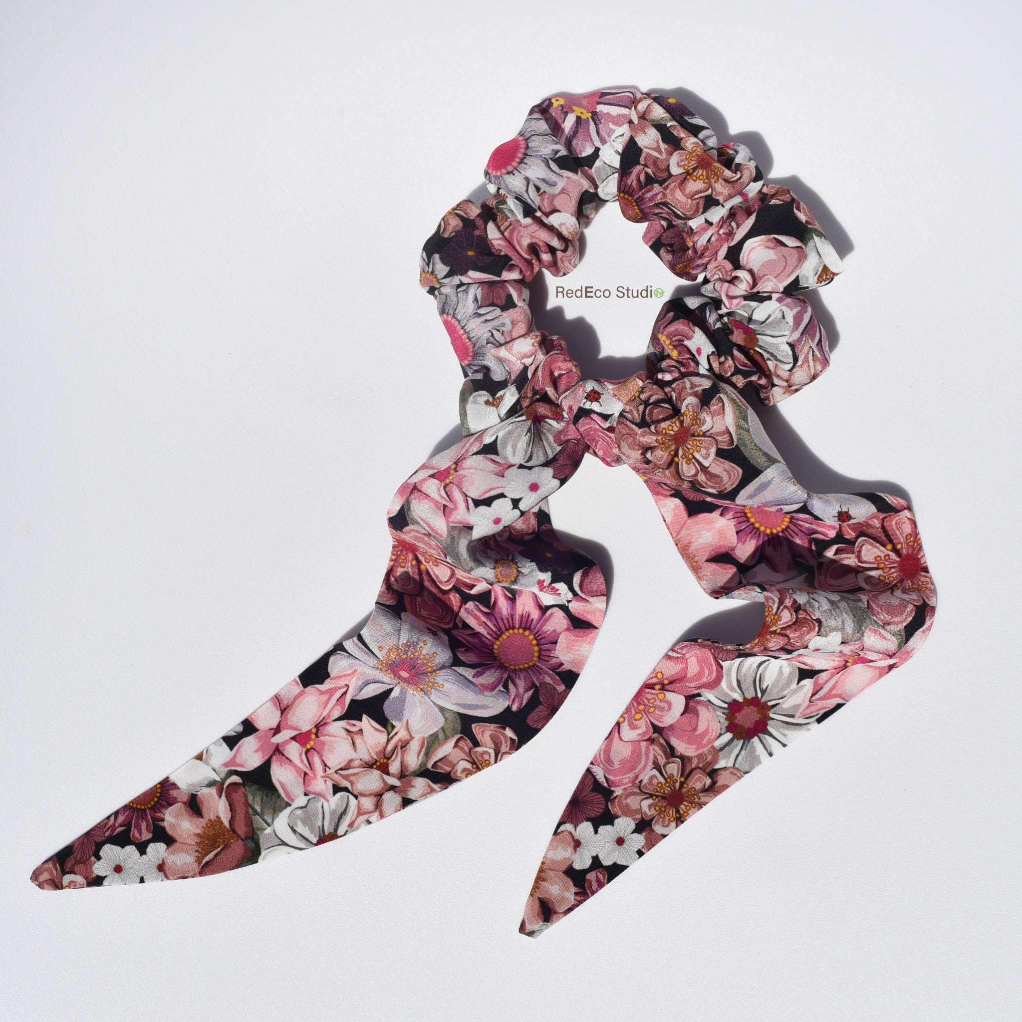 Classic 100% Silk Long Tail Scrunchie - Pink Floral Print on a black base