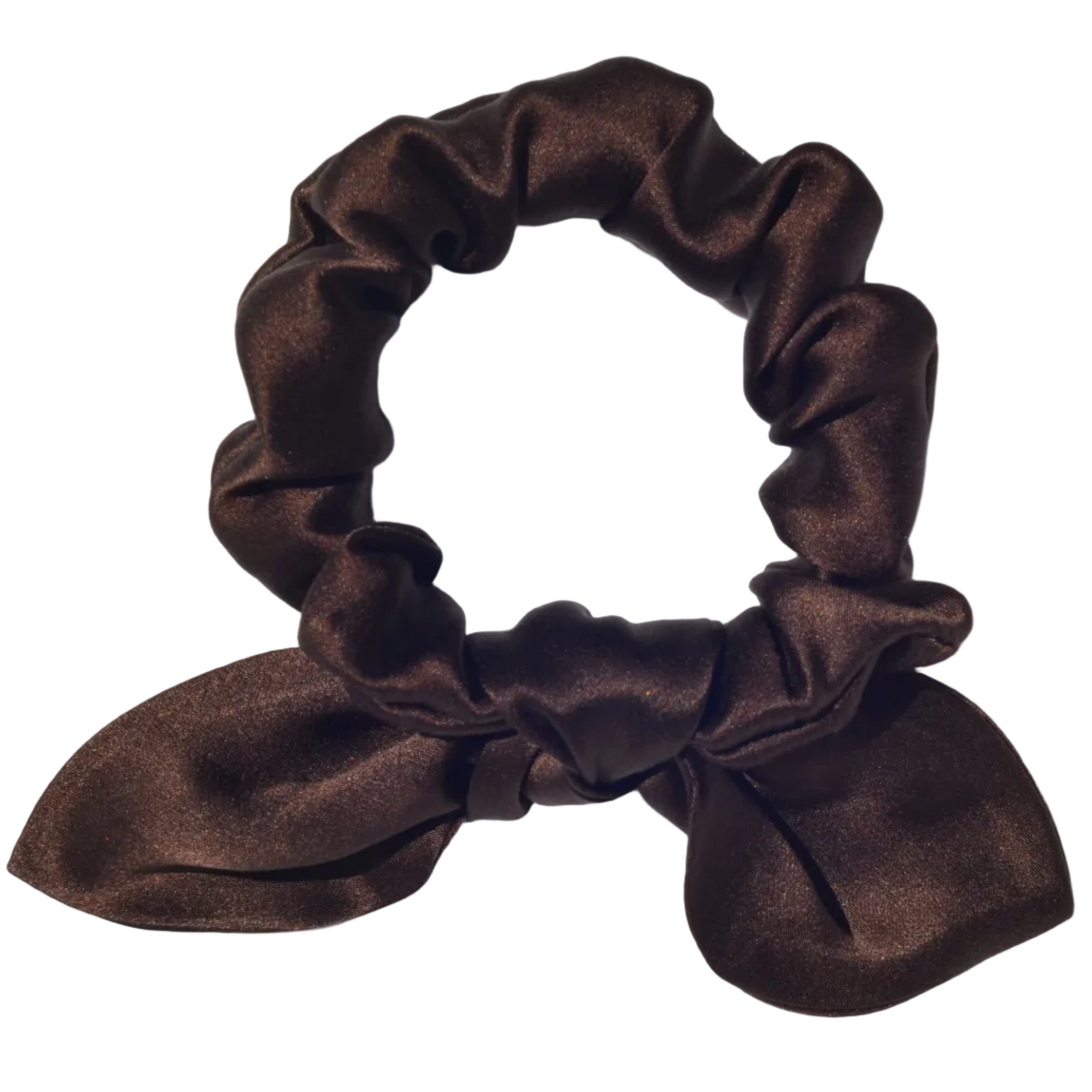 Brown satin scrunchie on a light gray background