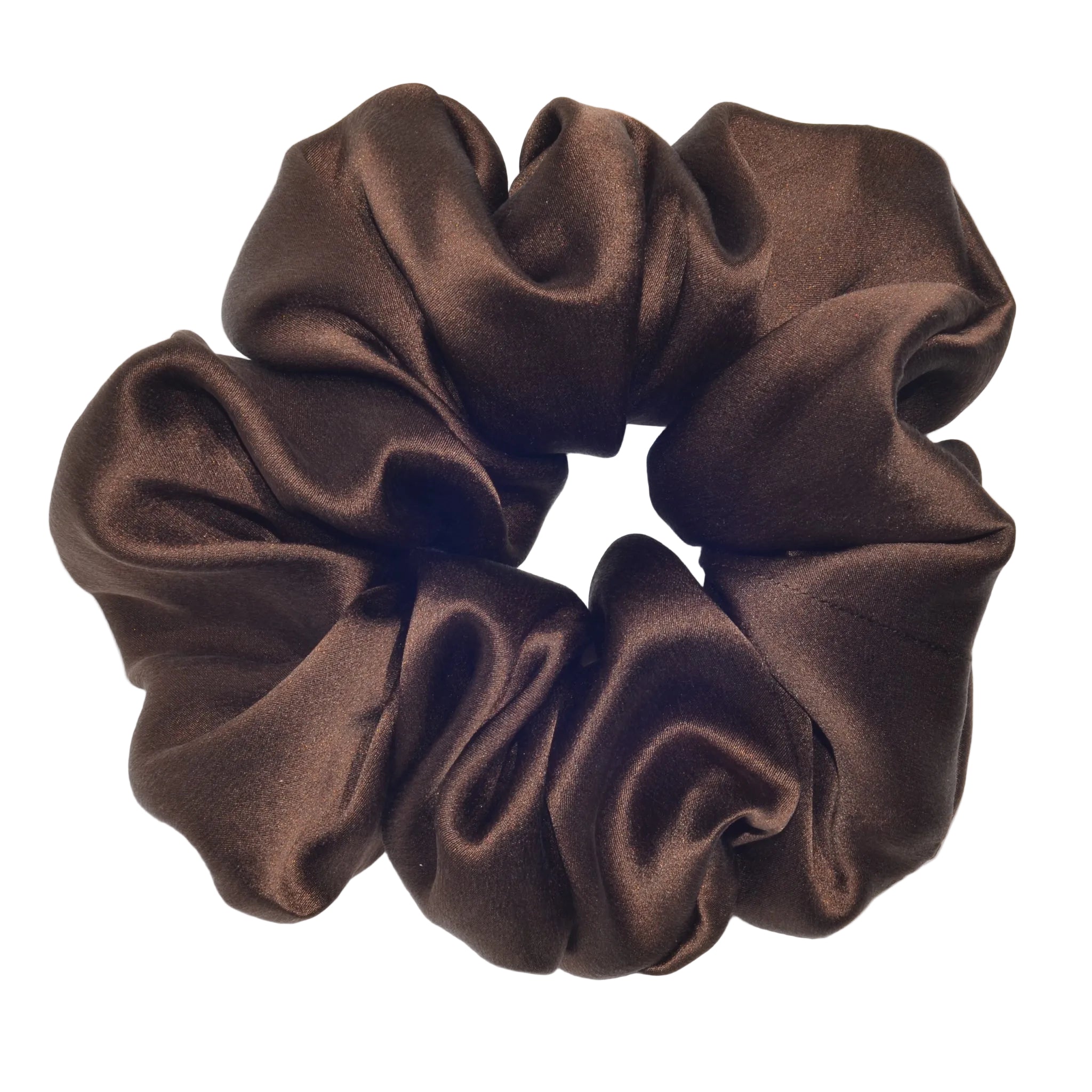 Brown satin scrunchie on a white background