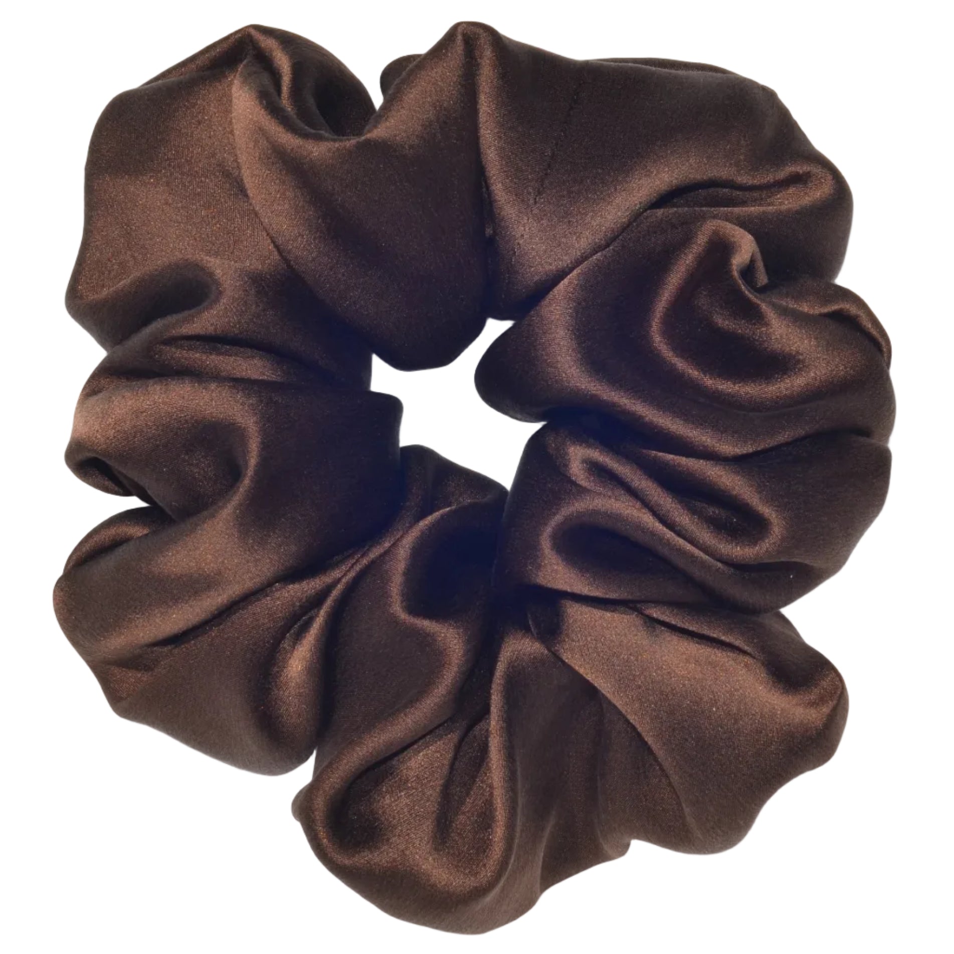 Brown satin scrunchie on a white background