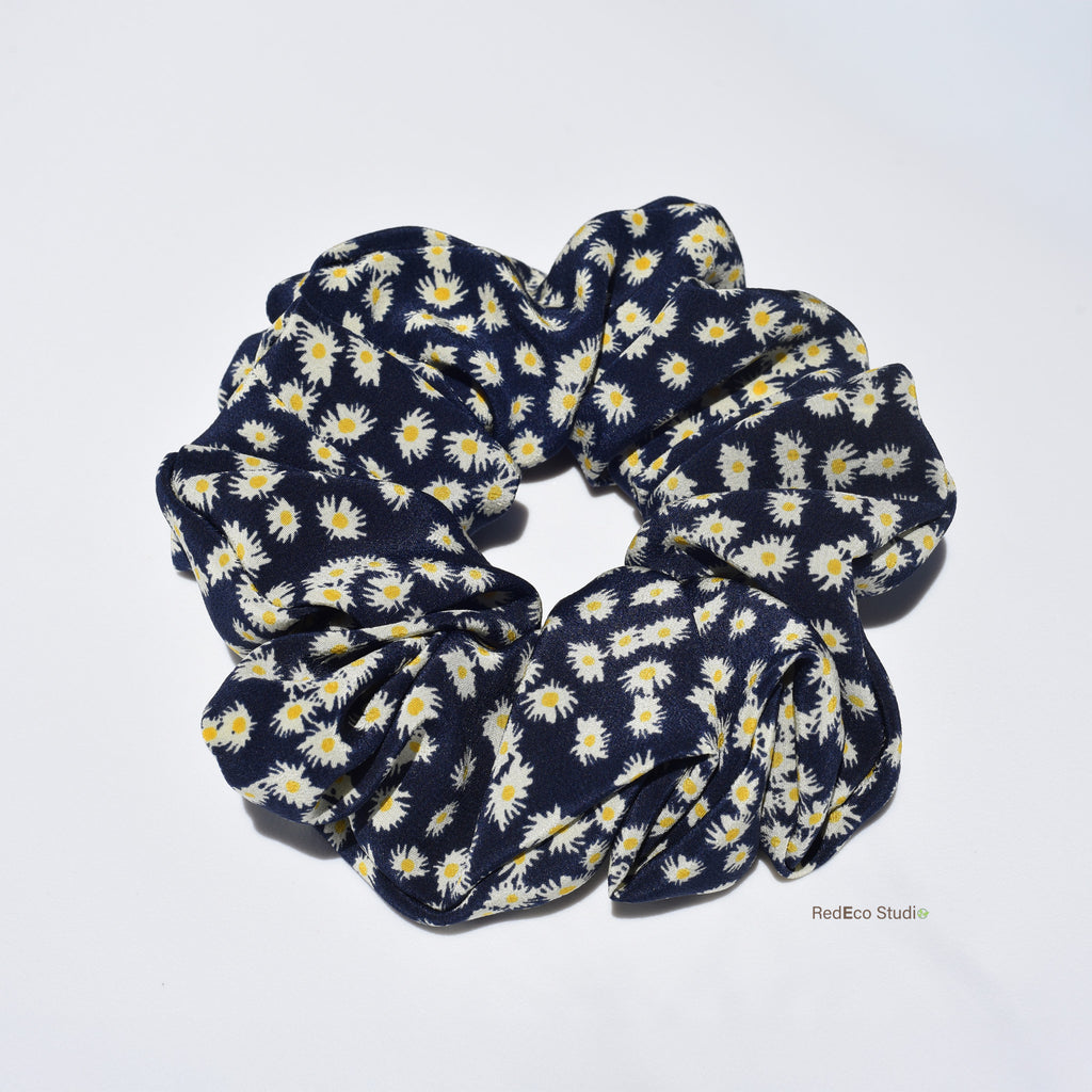 Oversized 100% Silk Scrunchie - Daisies on a Navy Blue Base