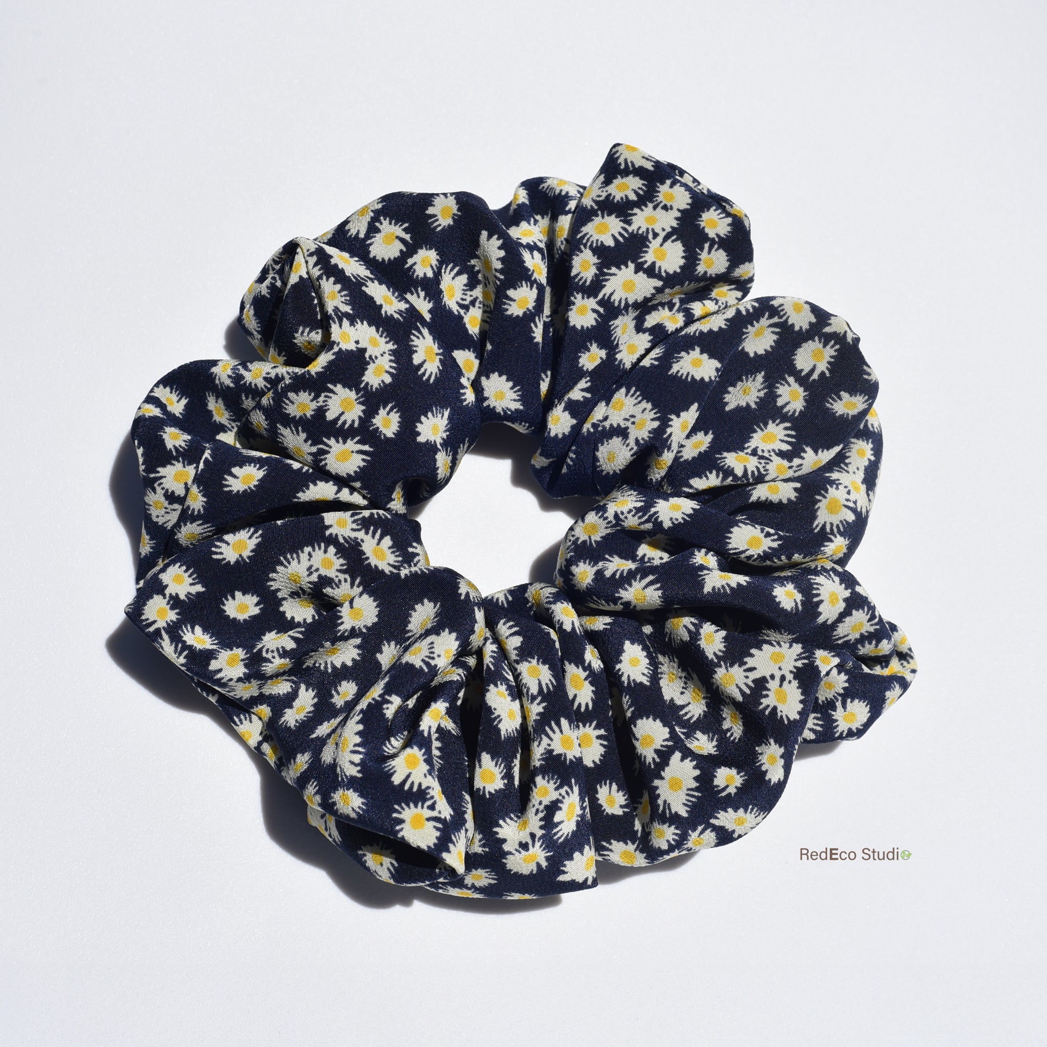 Oversized 100% Silk Scrunchie - Daisies on a Navy Blue Base