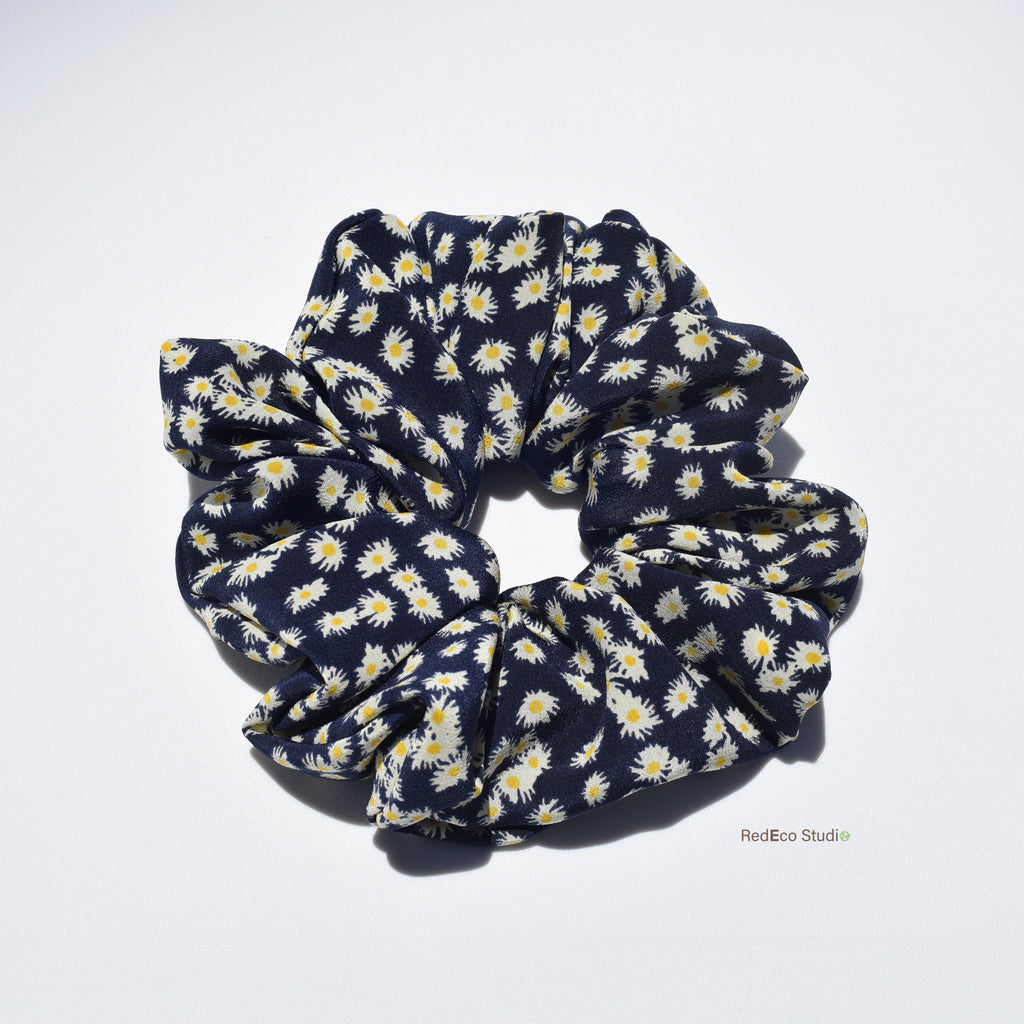 Oversized 100% Silk Scrunchie - Daisies on a Navy Blue Base