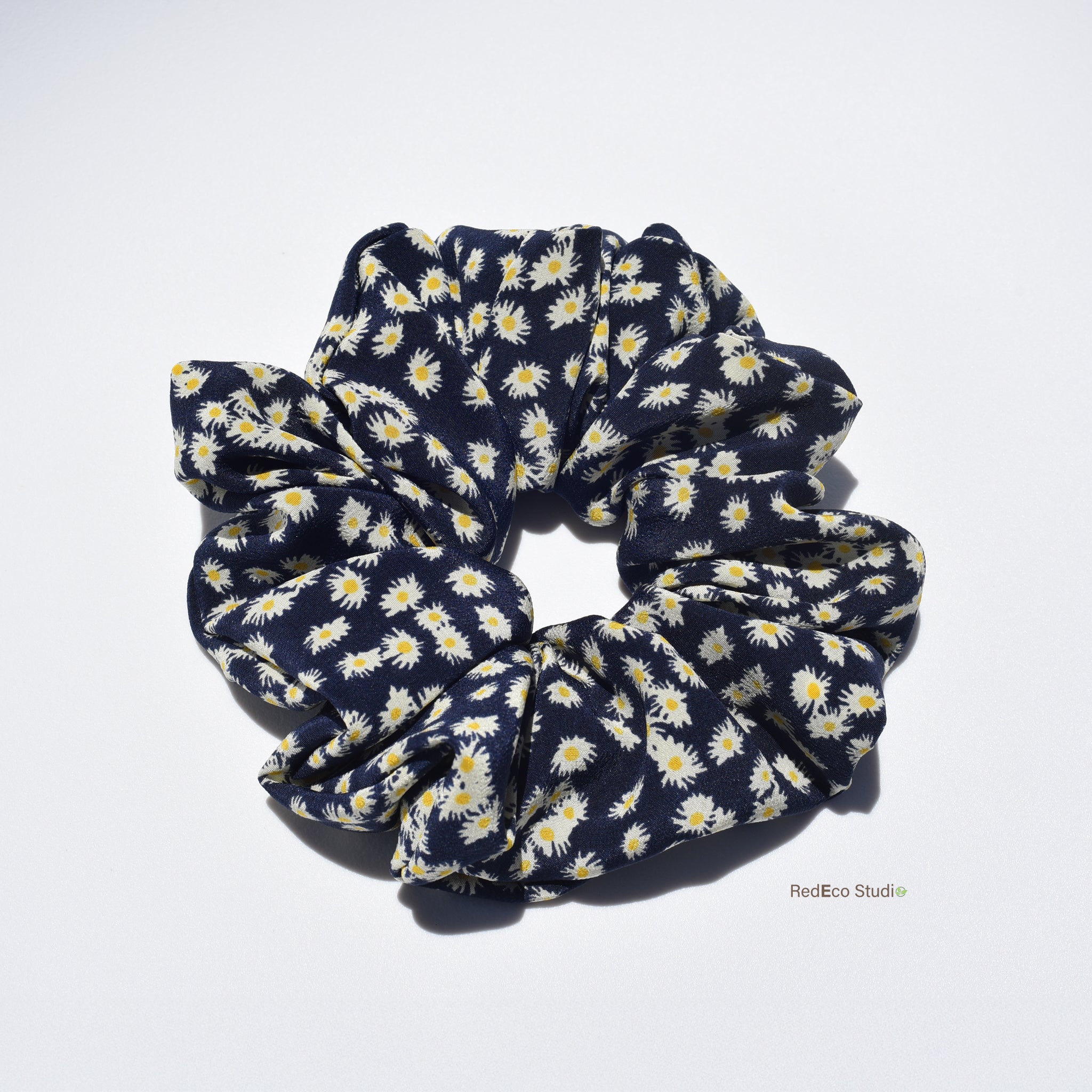 Oversized 100% Silk Scrunchie - Daisies on a Navy Blue Base