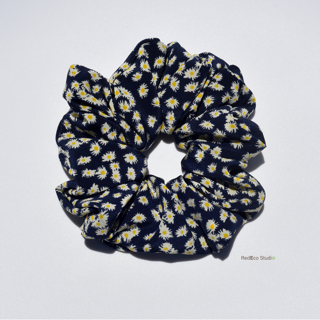 Oversized 100% Silk Scrunchie - Daisies on a Navy Blue Base