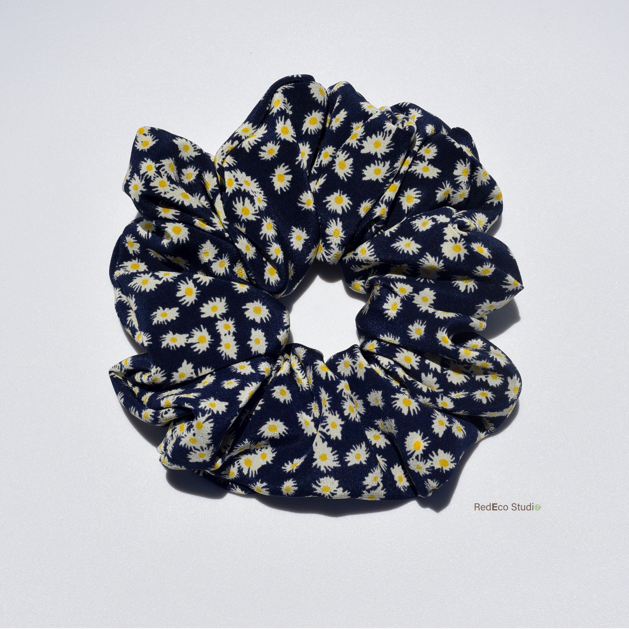 Oversized 100% Silk Scrunchie - Daisies on a Navy Blue Base