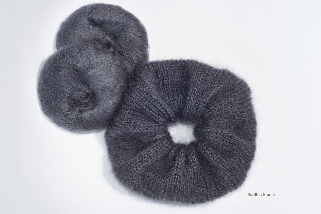 Oversized XL Hand Knitted Silk Mohair Scrunchie - Dark Grey