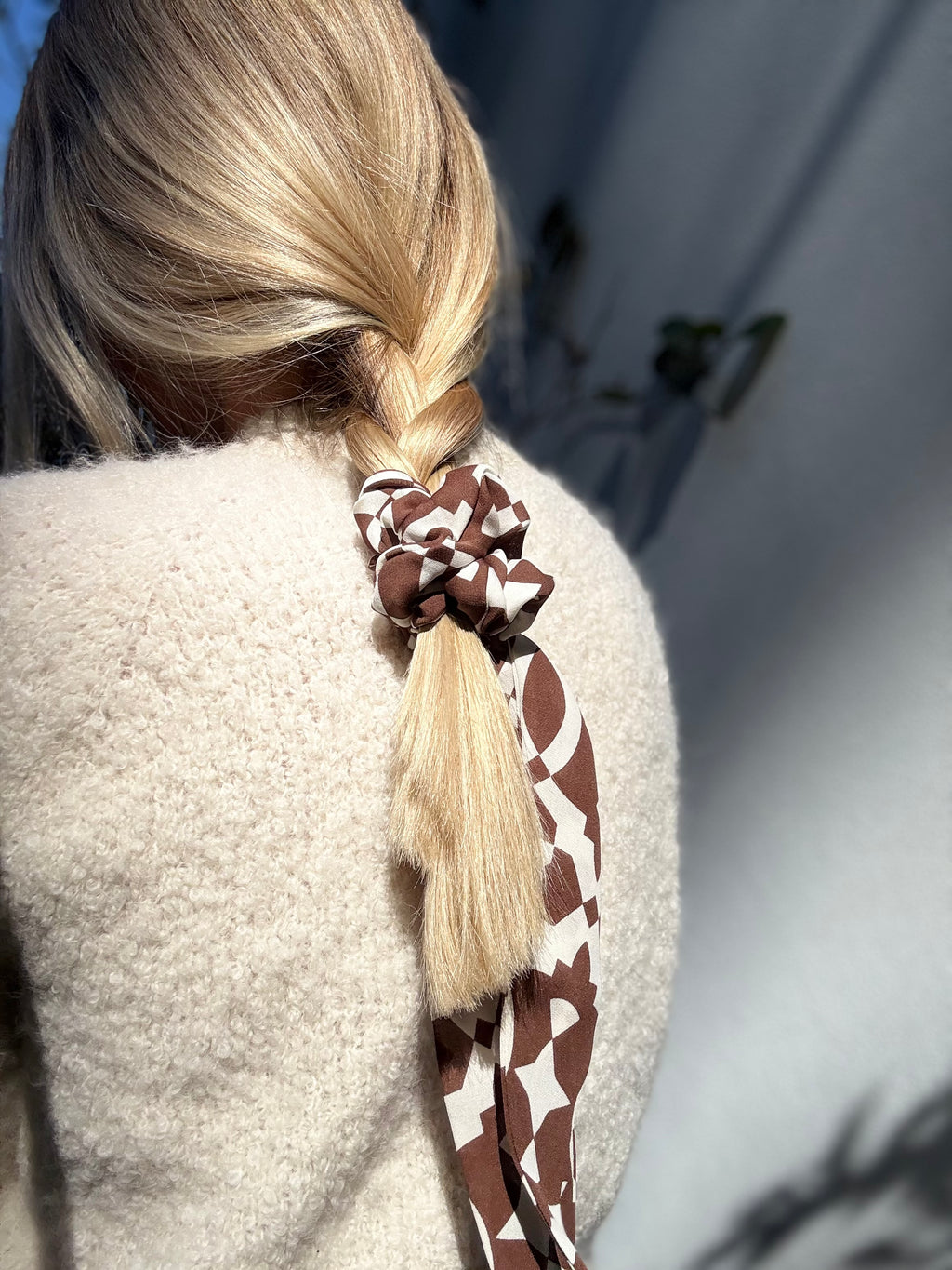Classic 100% Silk Long Tail Scrunchie - Brown and Cream Abstract Pattern