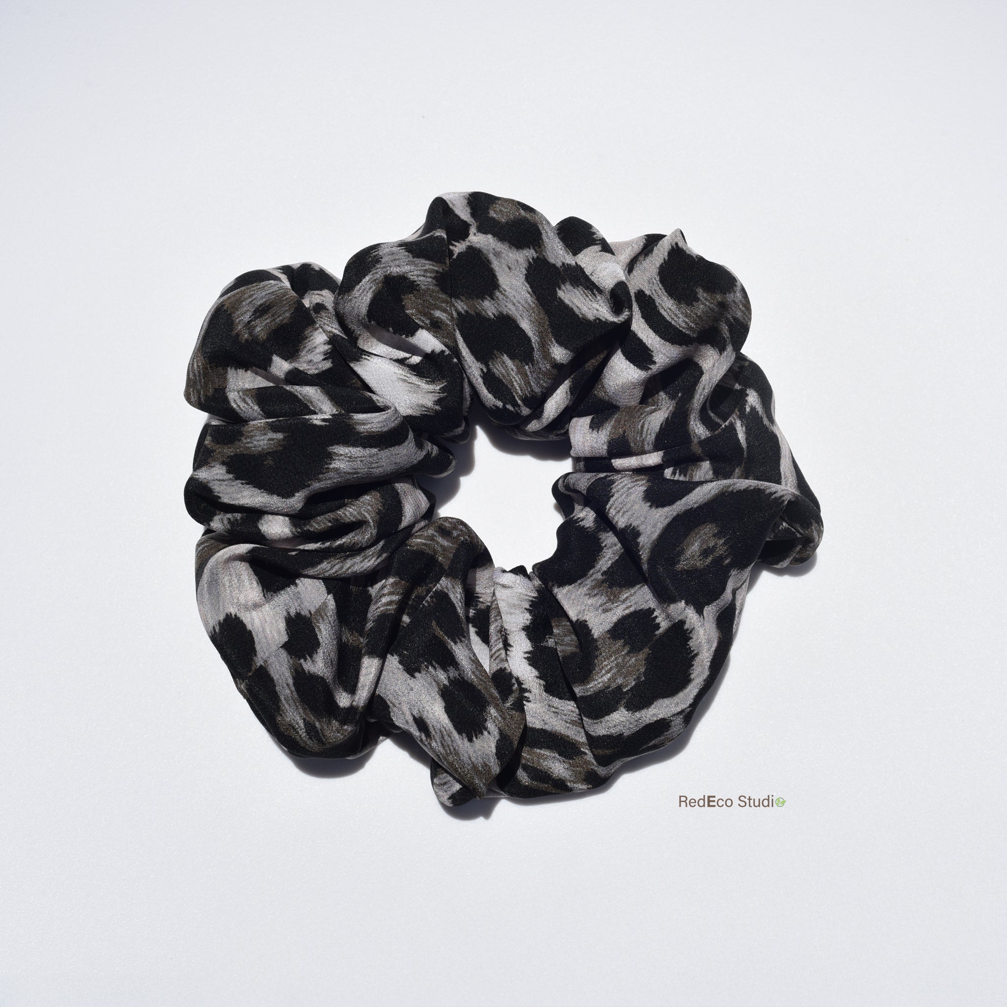 Oversized 100% Silk Scrunchie - Leopard print in black and grey-beige colour way