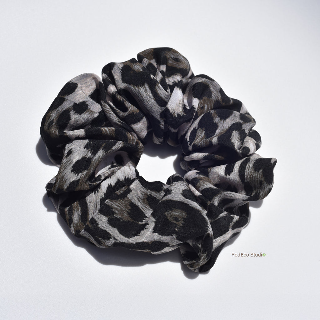 Oversized 100% Silk Scrunchie - Leopard print in black and grey-beige colour way