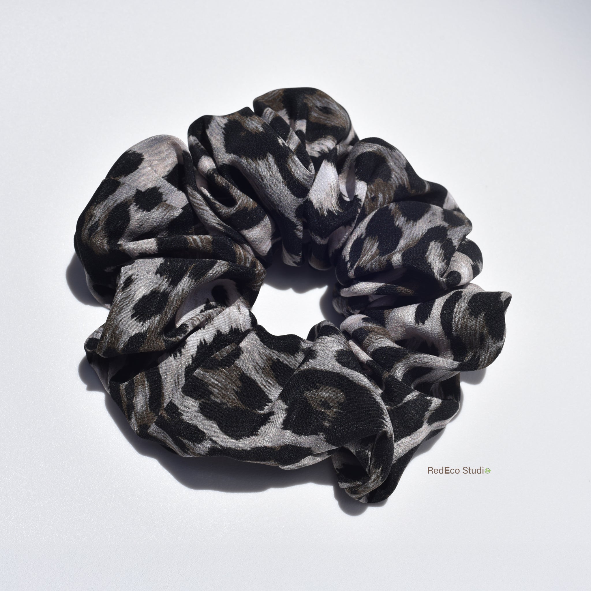 Oversized 100% Silk Scrunchie - Leopard print in black and grey-beige colour way