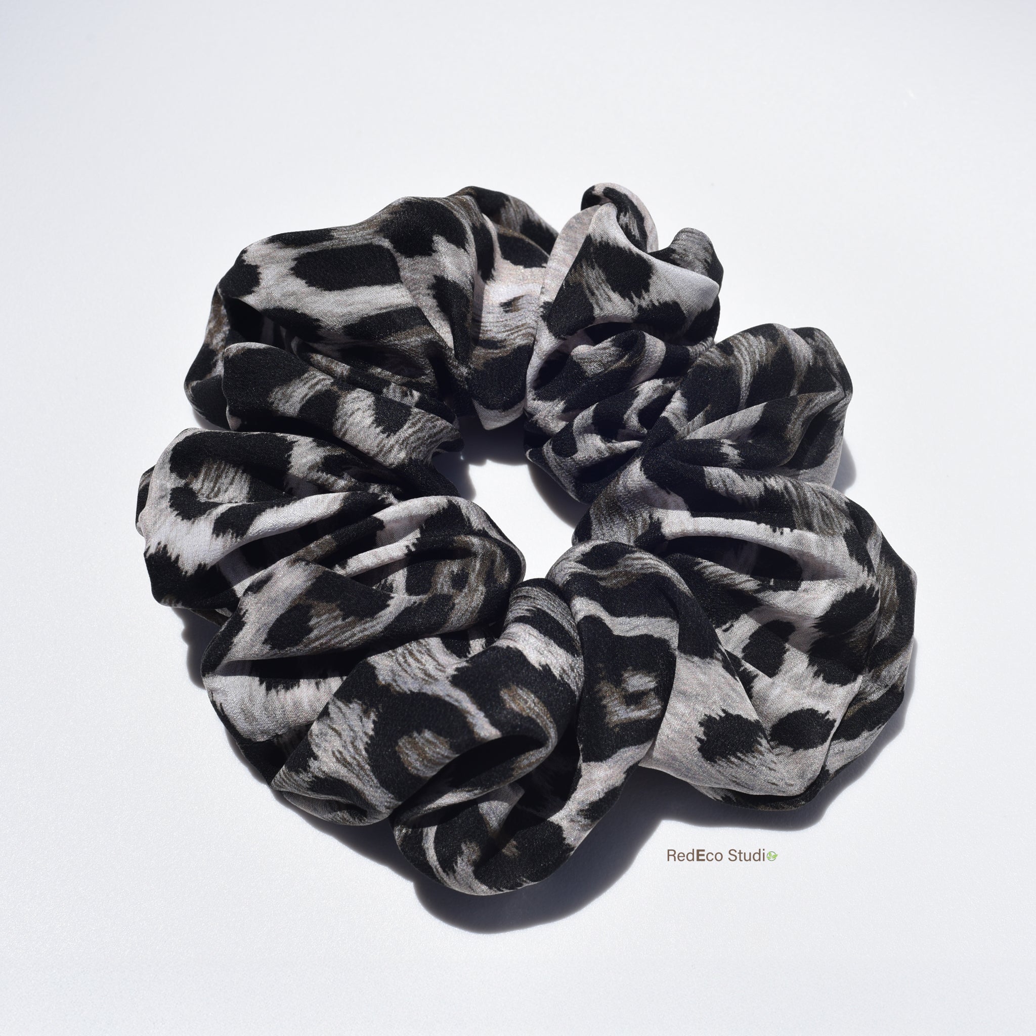 Oversized 100% Silk Scrunchie - Leopard print in black and grey-beige colour way