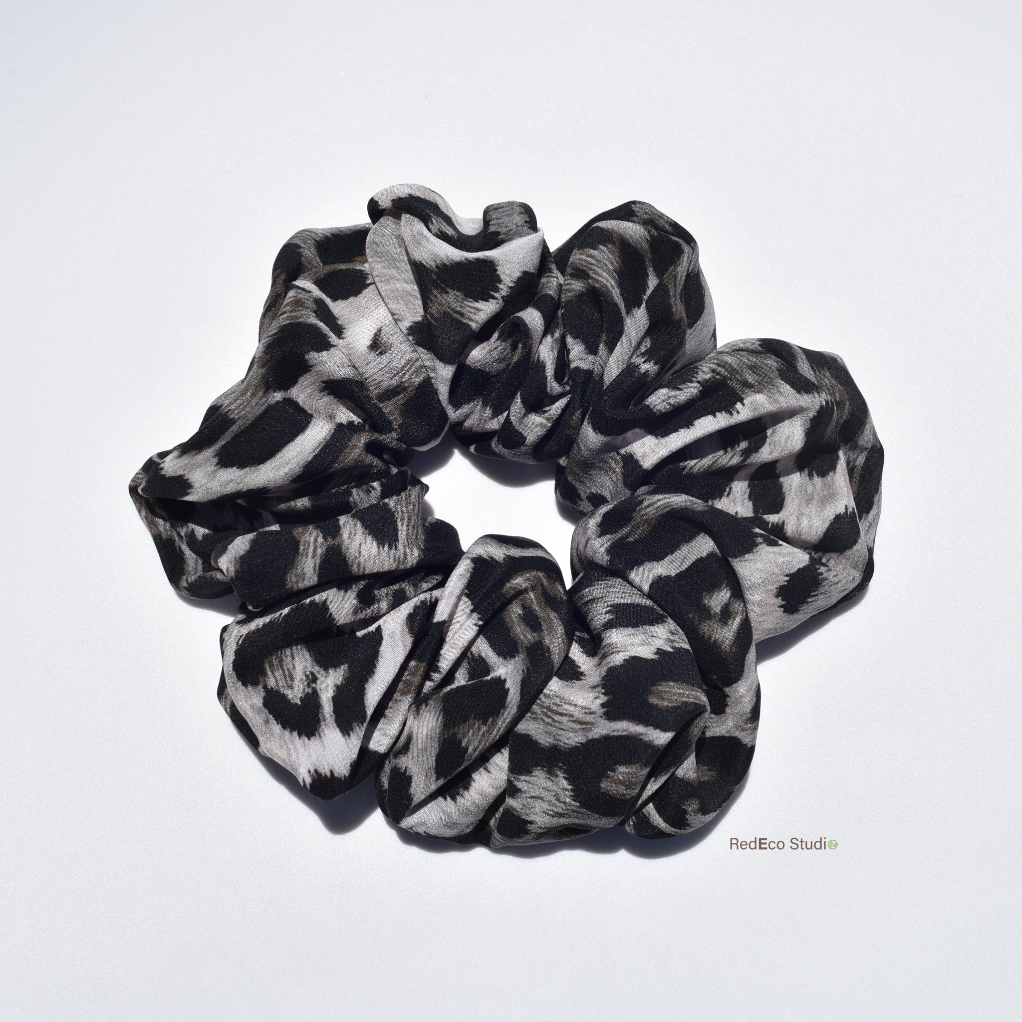 Oversized 100% Silk Scrunchie - Leopard print in black and grey-beige colour way