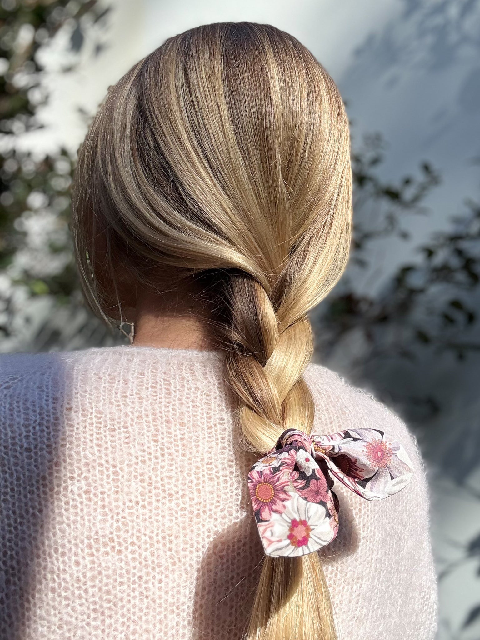 Mini 100% Silk Bow Scrunchie - Pink Floral Print on a black base