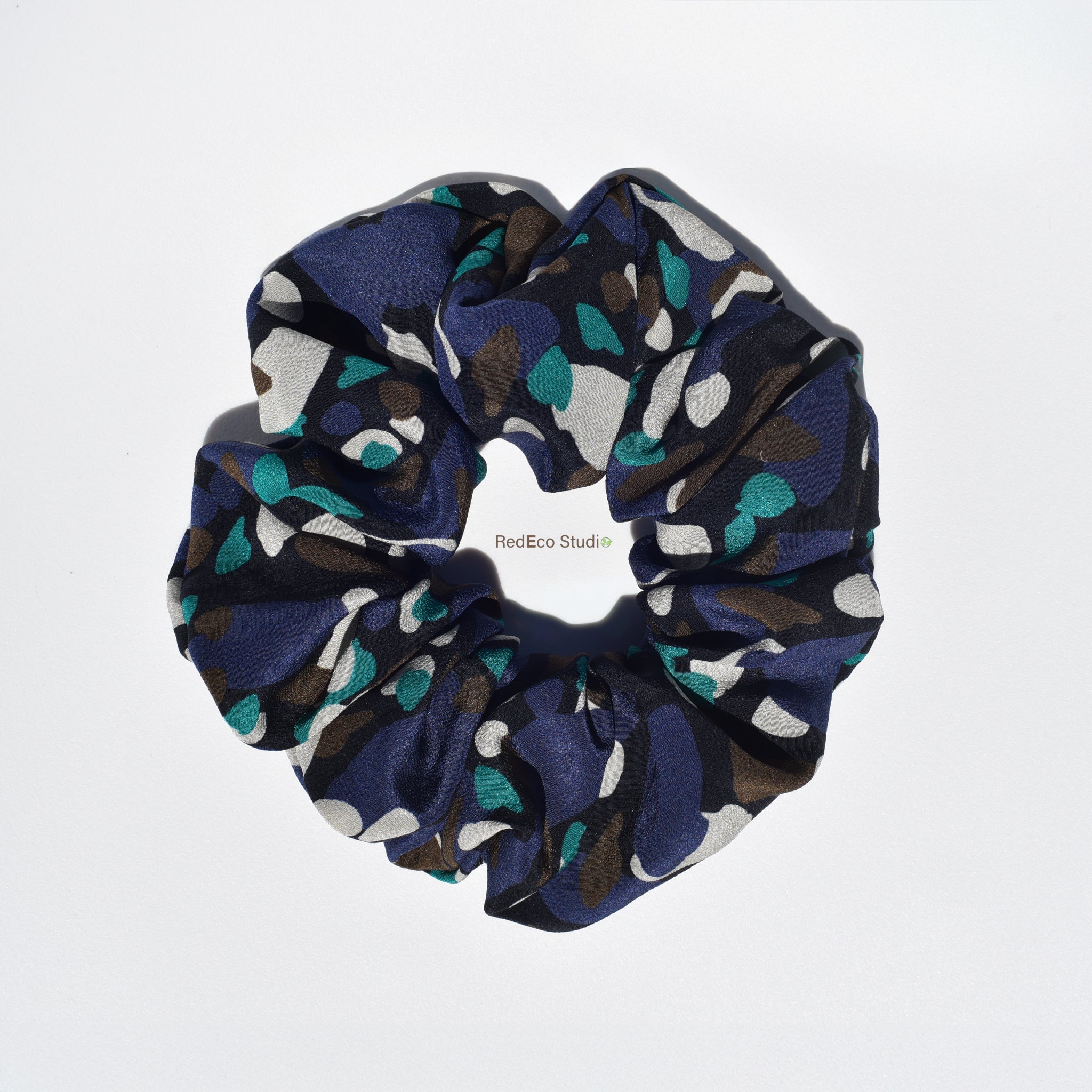 Oversized 100% Silk Scrunchie - Multicolour abstract pattern on a navy blue base