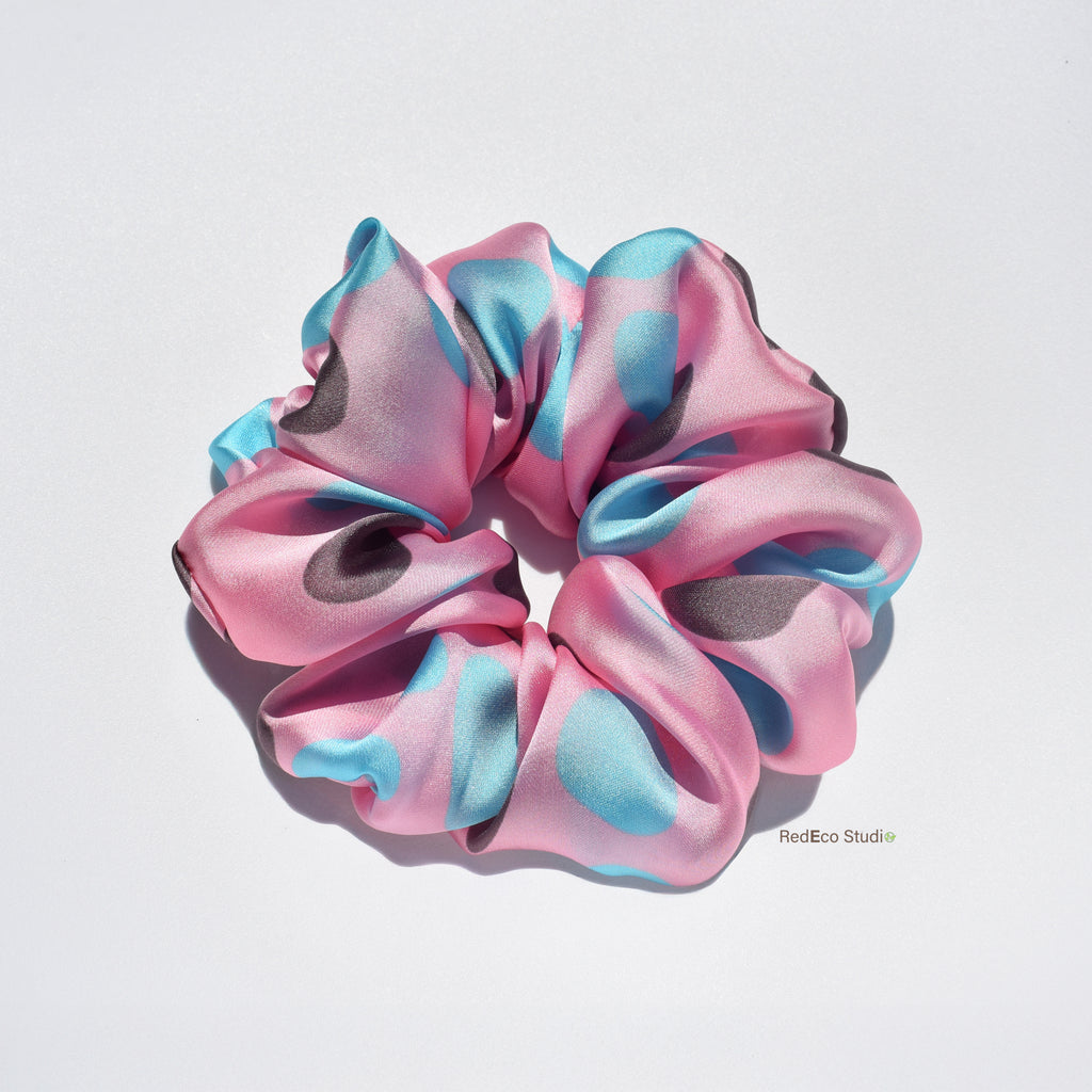 Oversized 100% Silk Scrunchie - Brown and Blue Spots on a Pink Base
