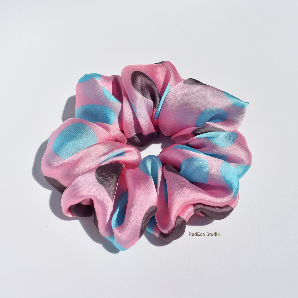 Oversized 100% Silk Scrunchie - Brown and Blue Spots on a Pink Base