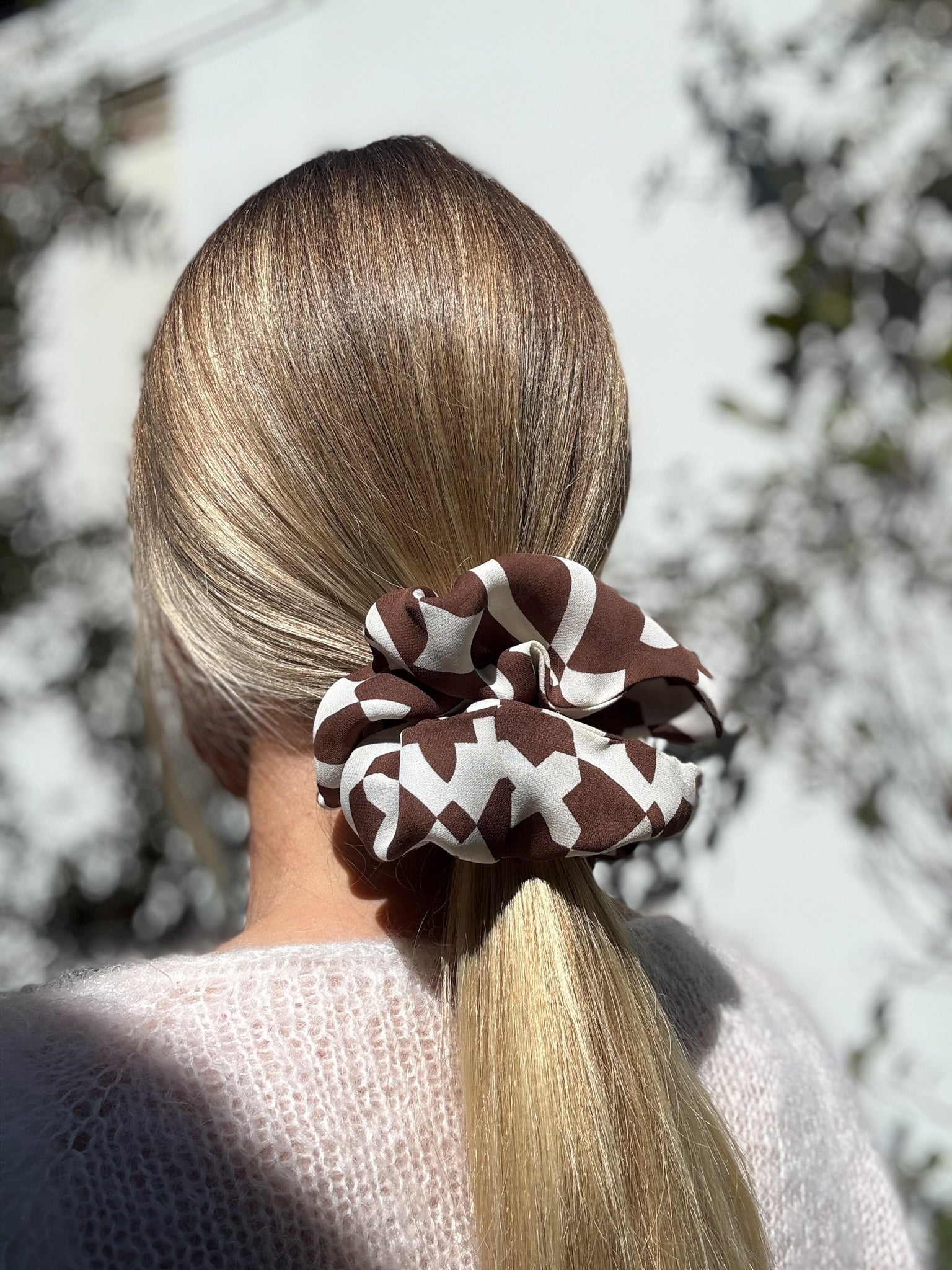 Oversized 100% Silk Scrunchie - Brown and Cream Abstract Pattern