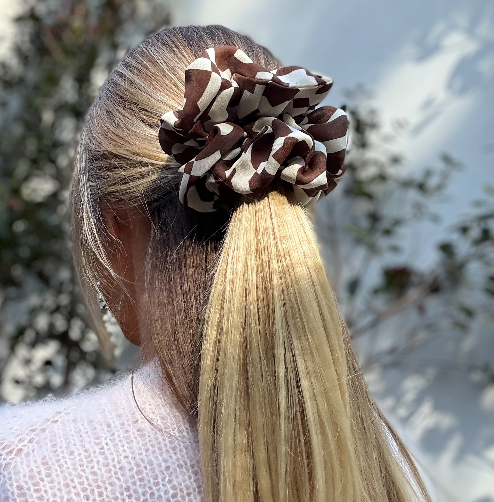 Oversized 100% Silk Scrunchie - Brown and Cream Abstract Pattern