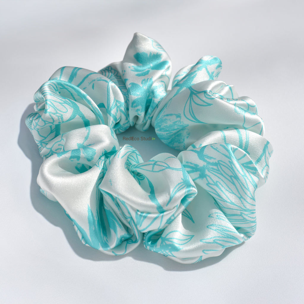 Oversized 100% Silk Scrunchie - Tahitian blue Flowers on a White Base