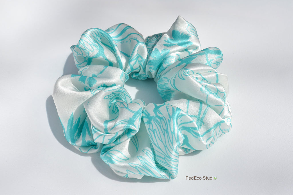 Oversized 100% Silk Scrunchie - Tahitian blue Flowers on a White Base