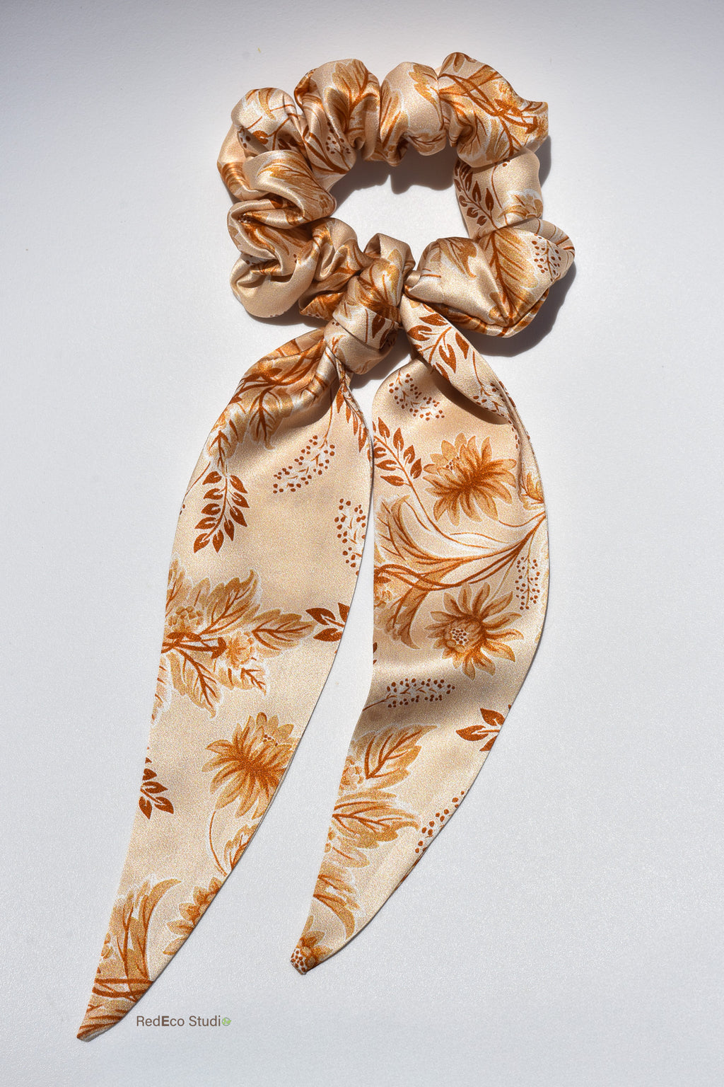 Classic 100% Silk Long Tail Scrunchie - Sepia Floral Print