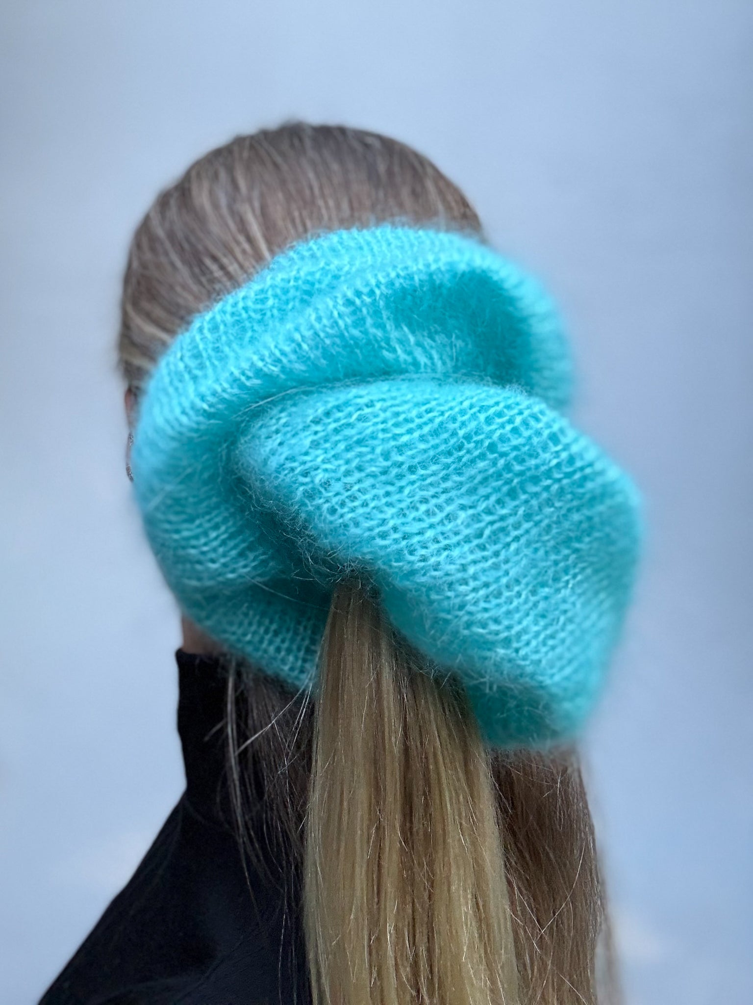 Oversized XL hand knitted silk mohair scrunchie in bright blue — close-up detail, handmade in Australia | RedEco Studio