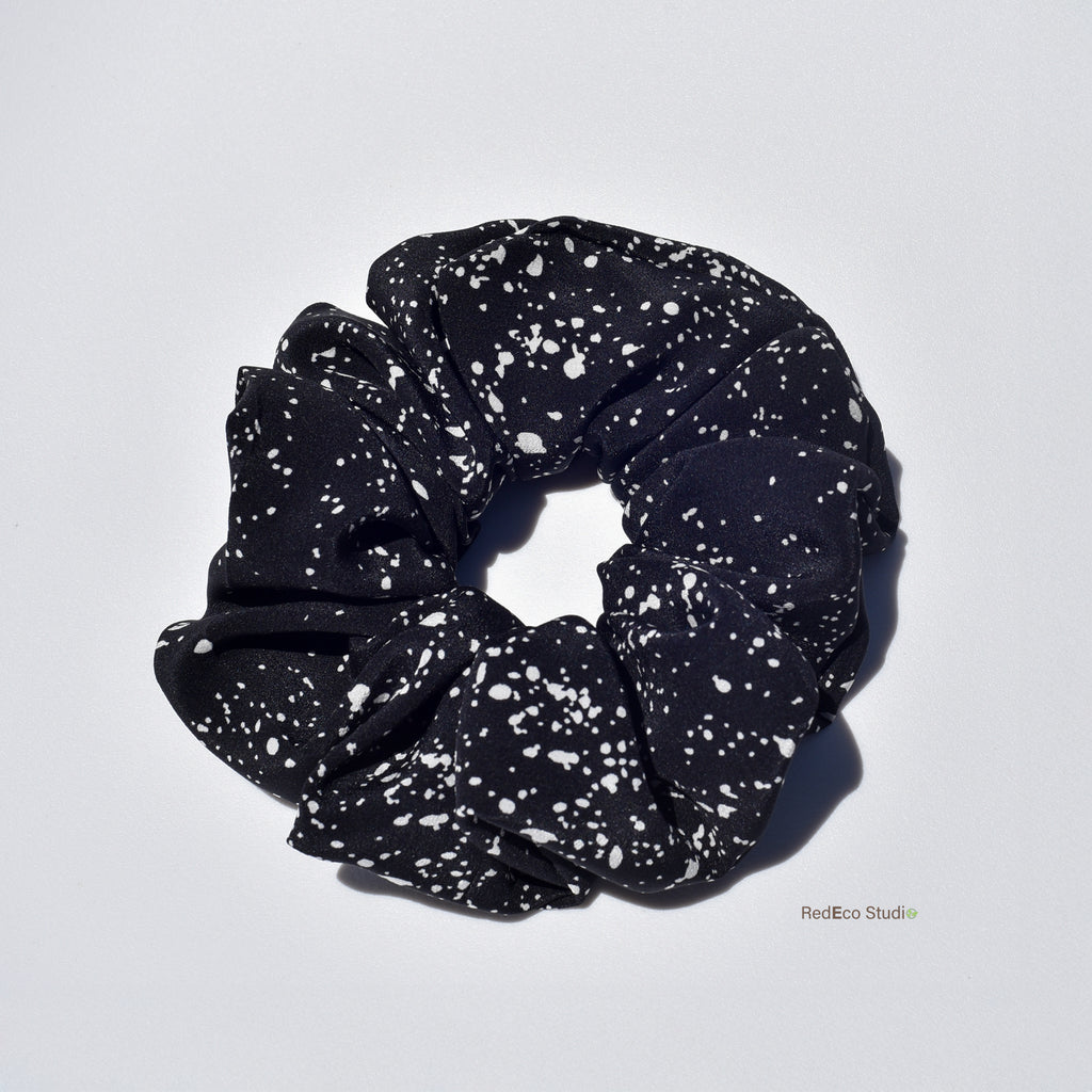 Oversized 100% Silk Scrunchie - White speckles on a Black Base