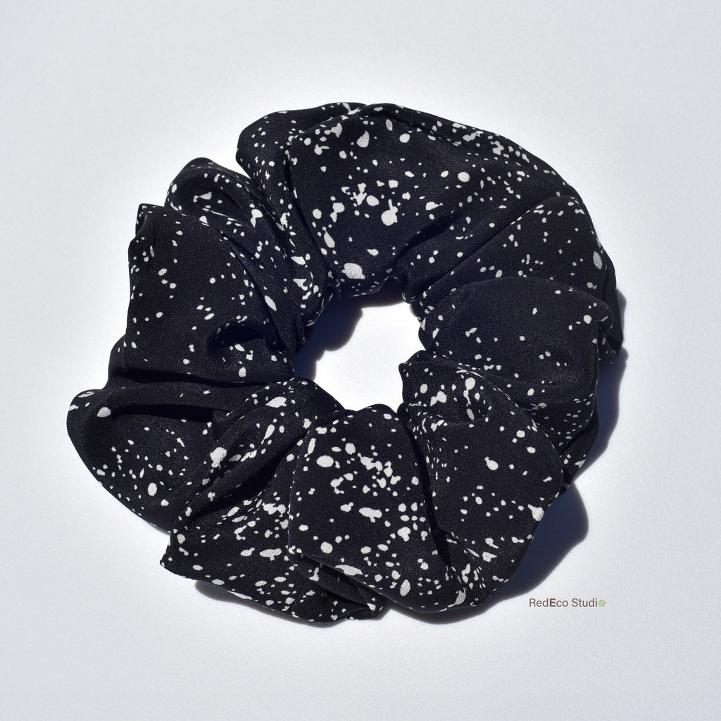 Oversized 100% Silk Scrunchie - White speckles on a Black Base