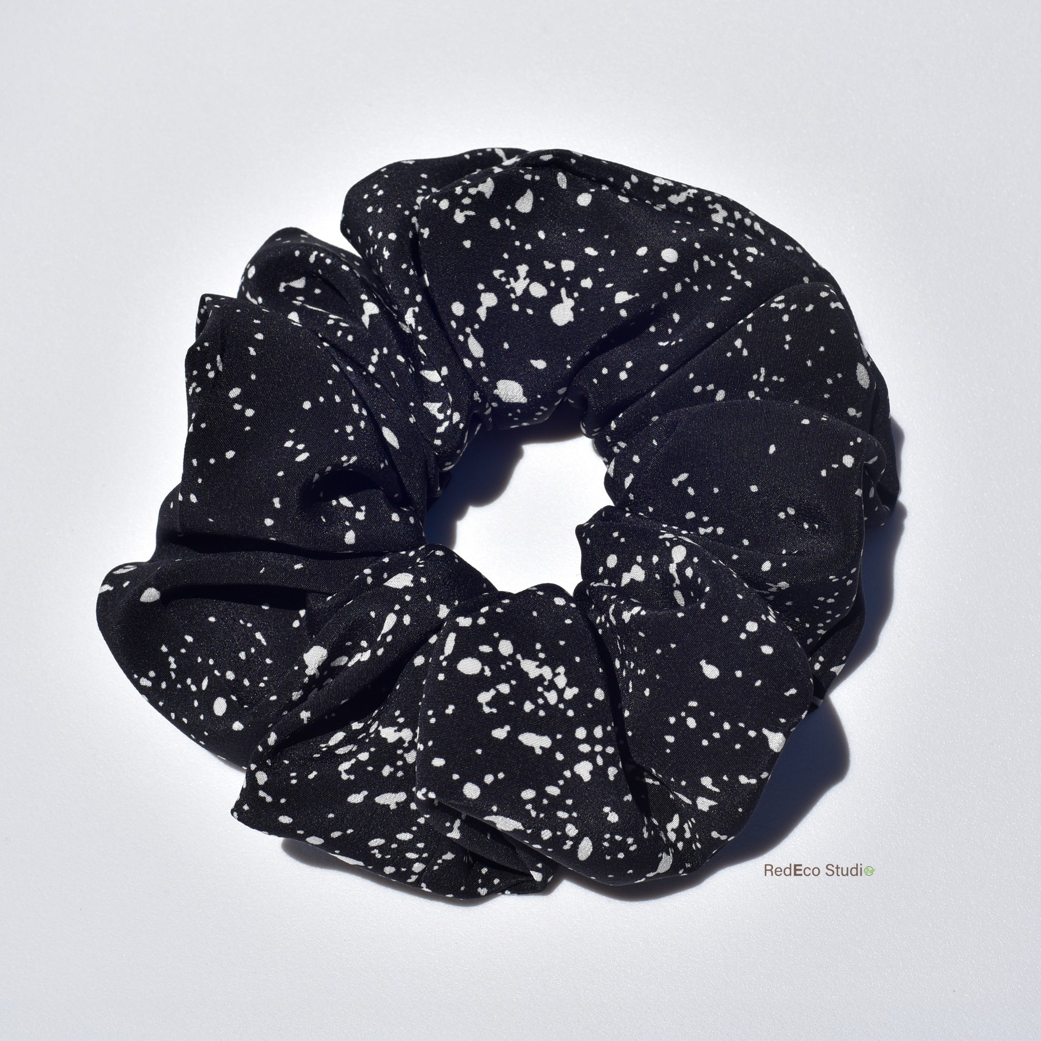 Oversized 100% Silk Scrunchie - White speckles on a Black Base